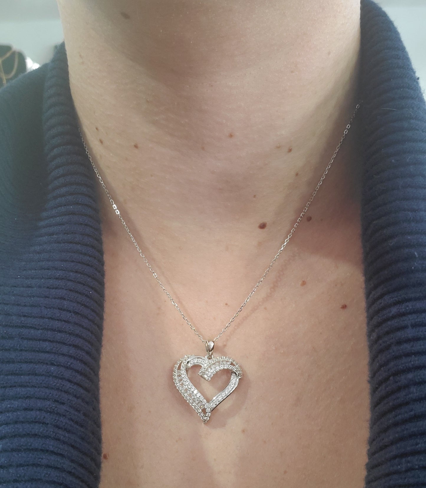 925 Sterling Silver Sweet Sentiments Open Heart White Topaz Baguette Necklace