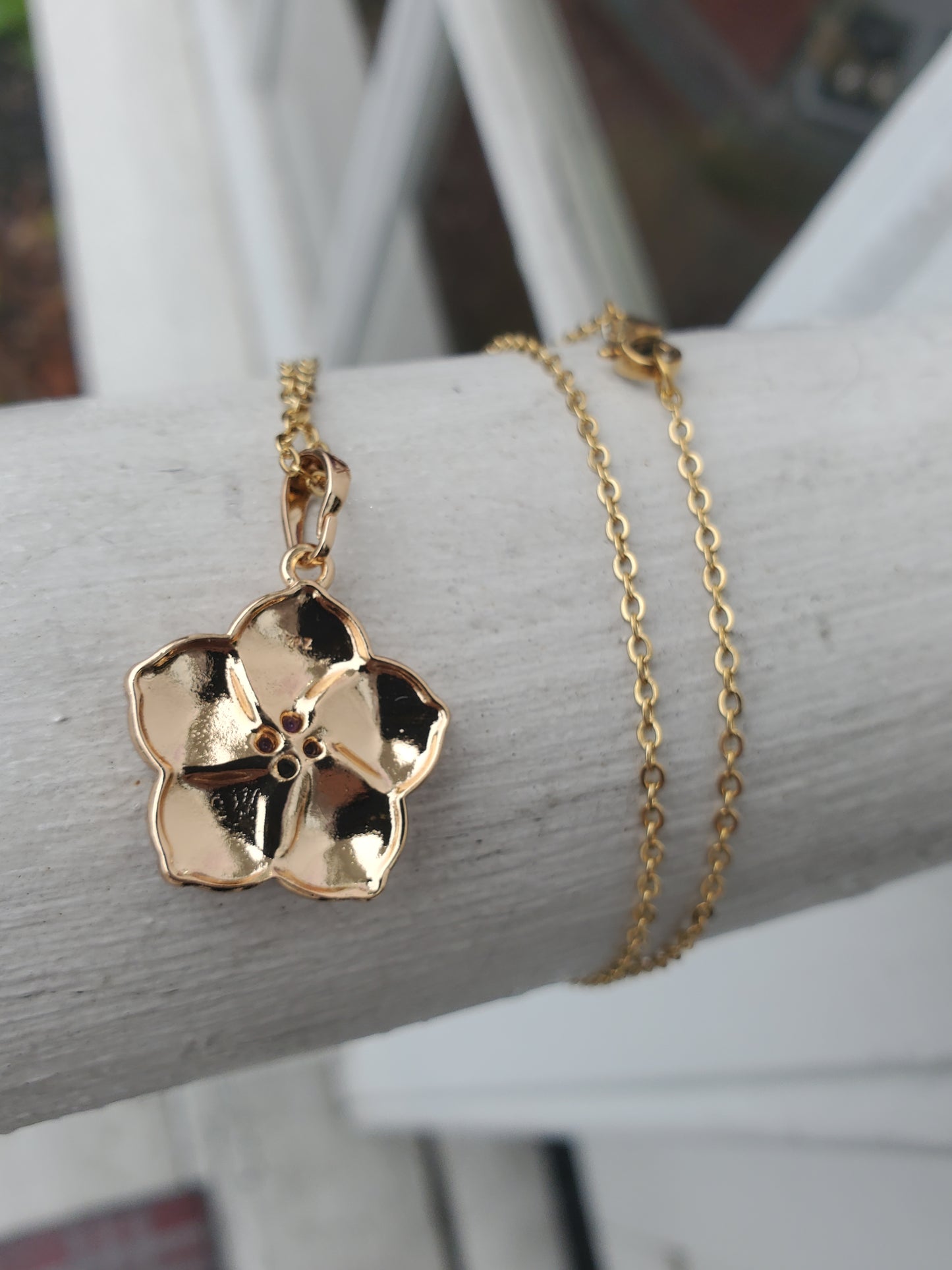 Stainless Steel Gold Plated Purple & White Enamel Floral Flower Necklace