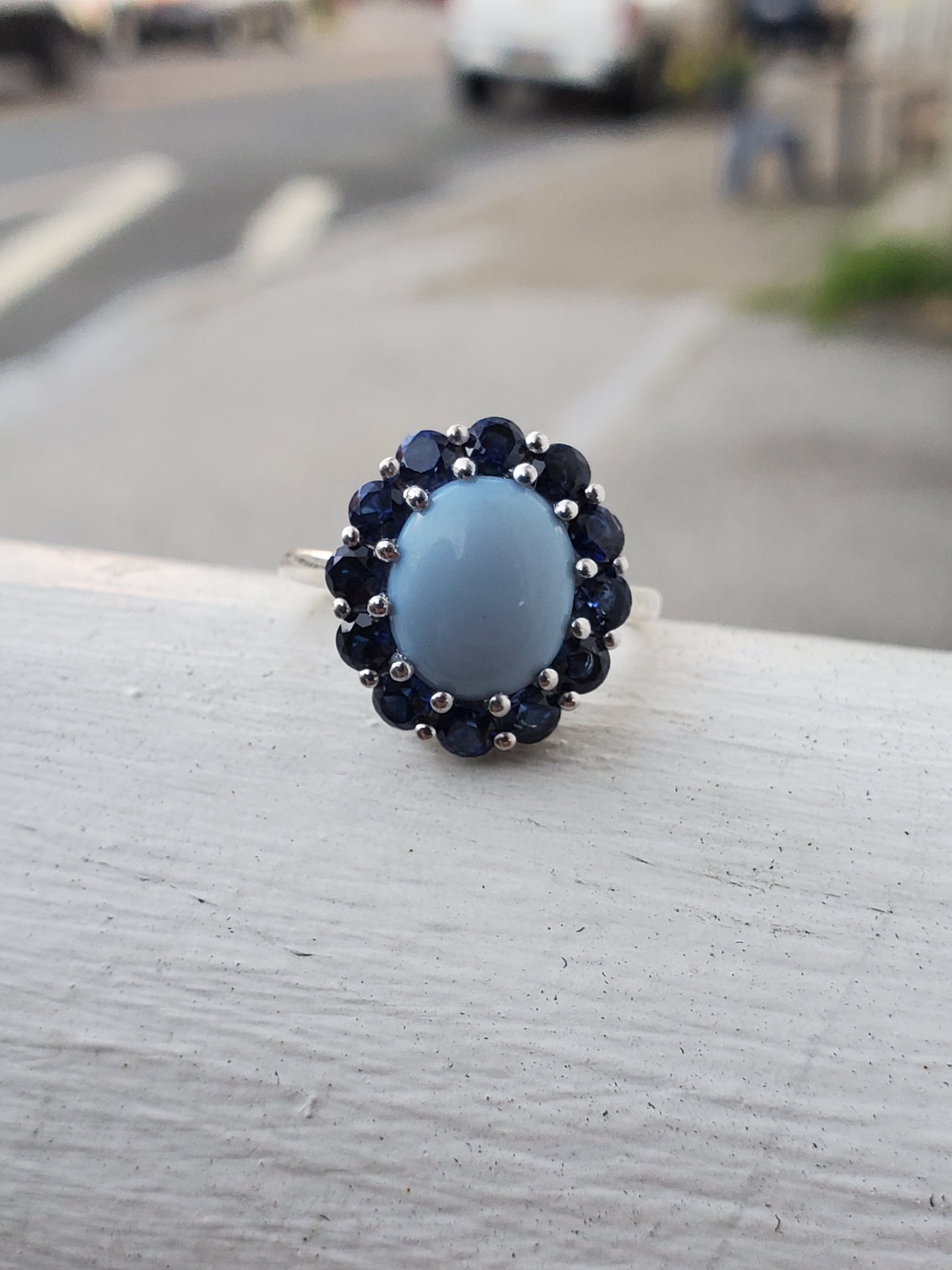 925 Sterling Silver Ladies Oval Blue Chalcedony & Simulated Sapphire Halo Ring