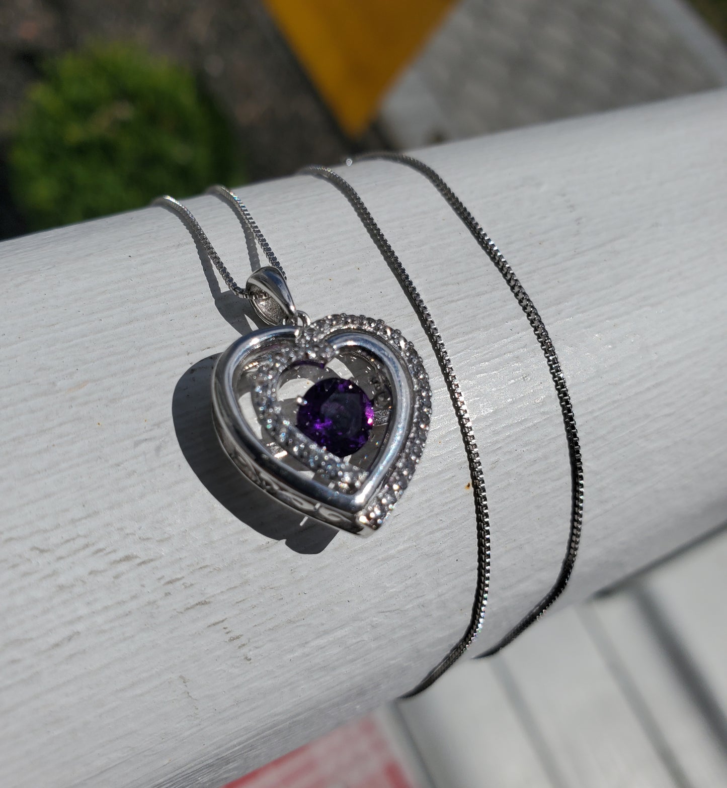 925 Sterling Silver Simulated Floating Amethyst & Zirconia Heart Necklace