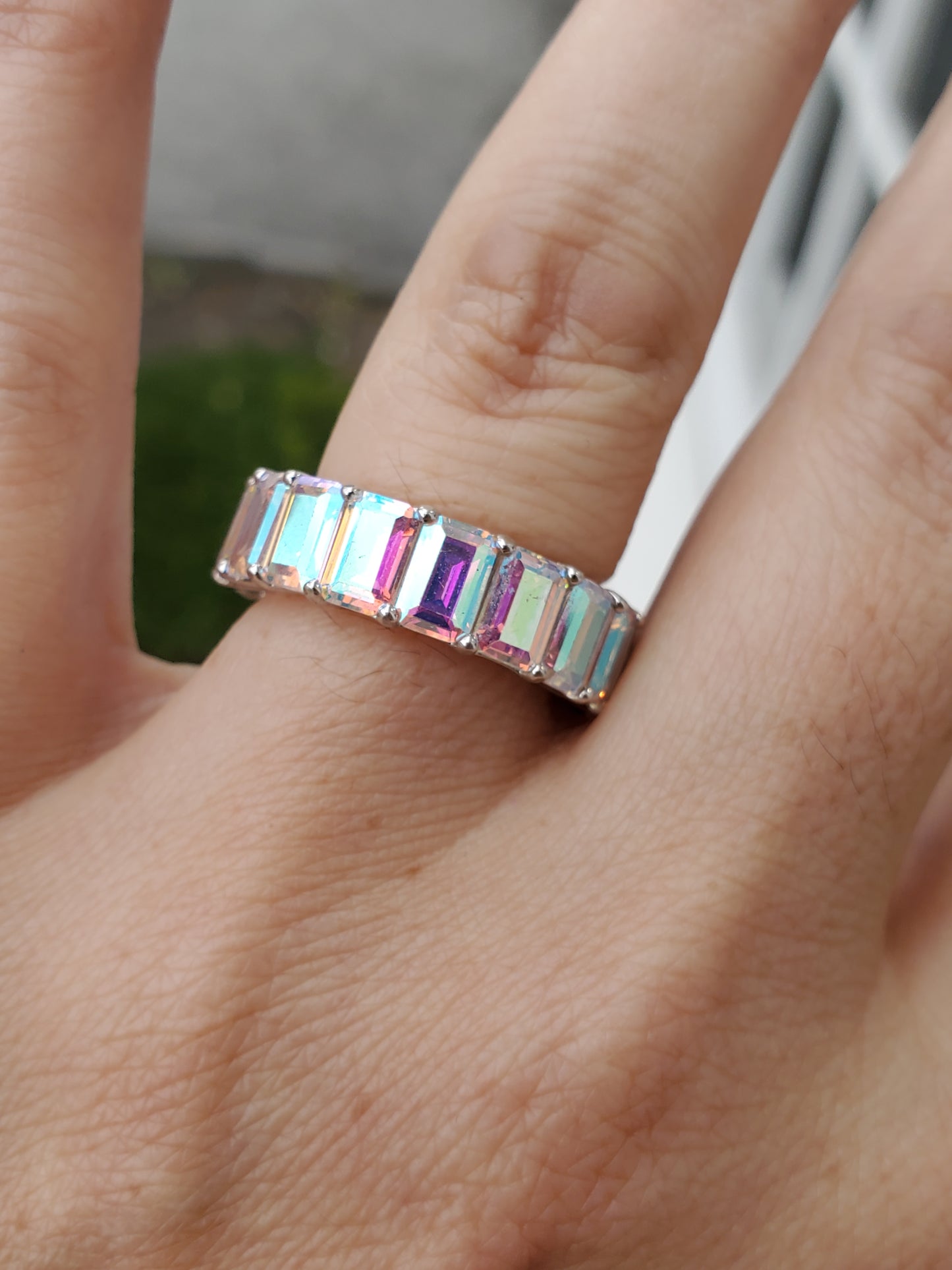925 Sterling Silver Aurora Borealis AB Crystal Emerald Cut Eternity Band Ring