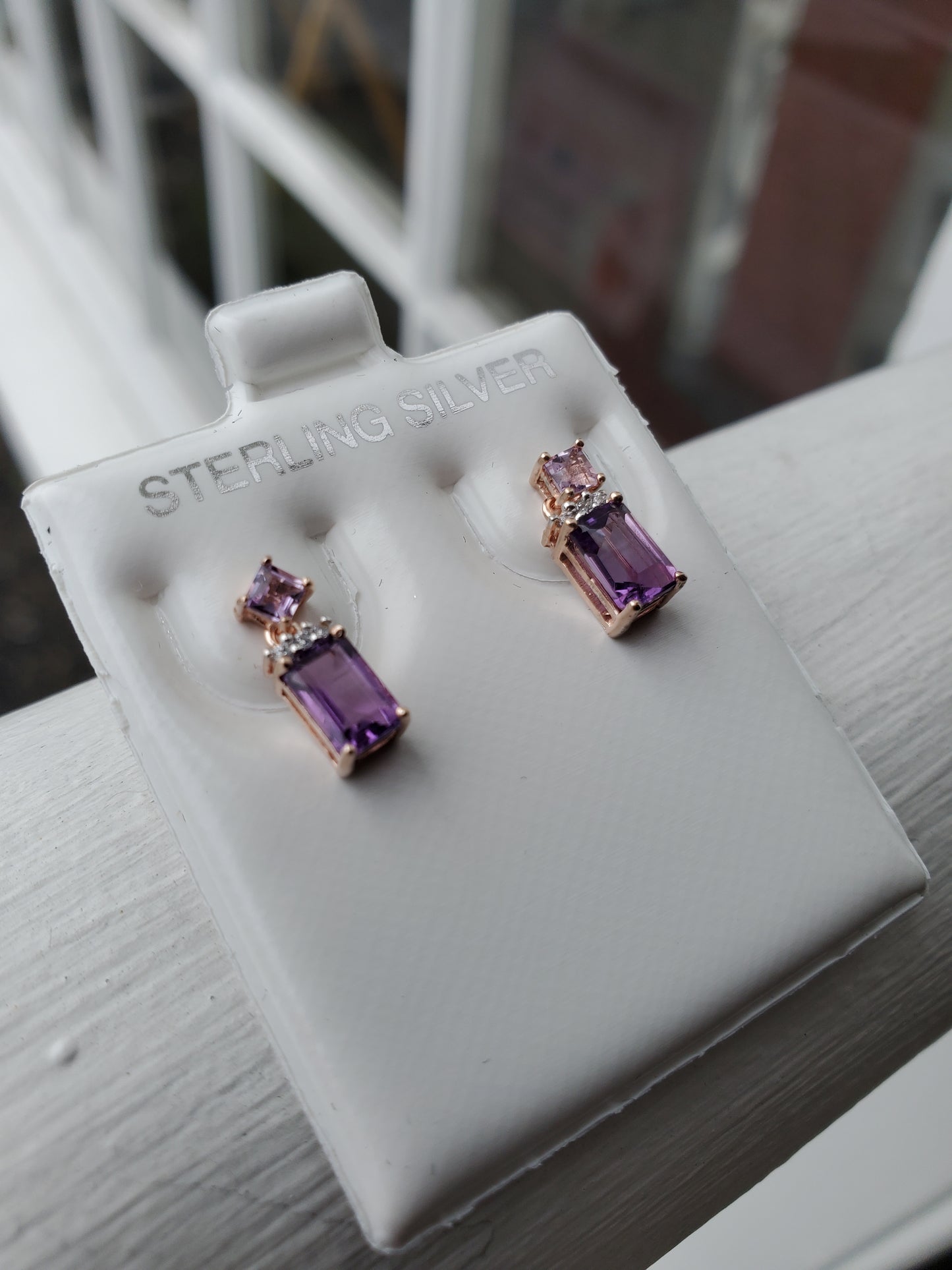 925 Sterling Silver Rose Vermeil Petite Emerald Cut Amethyst Dangle Earrings