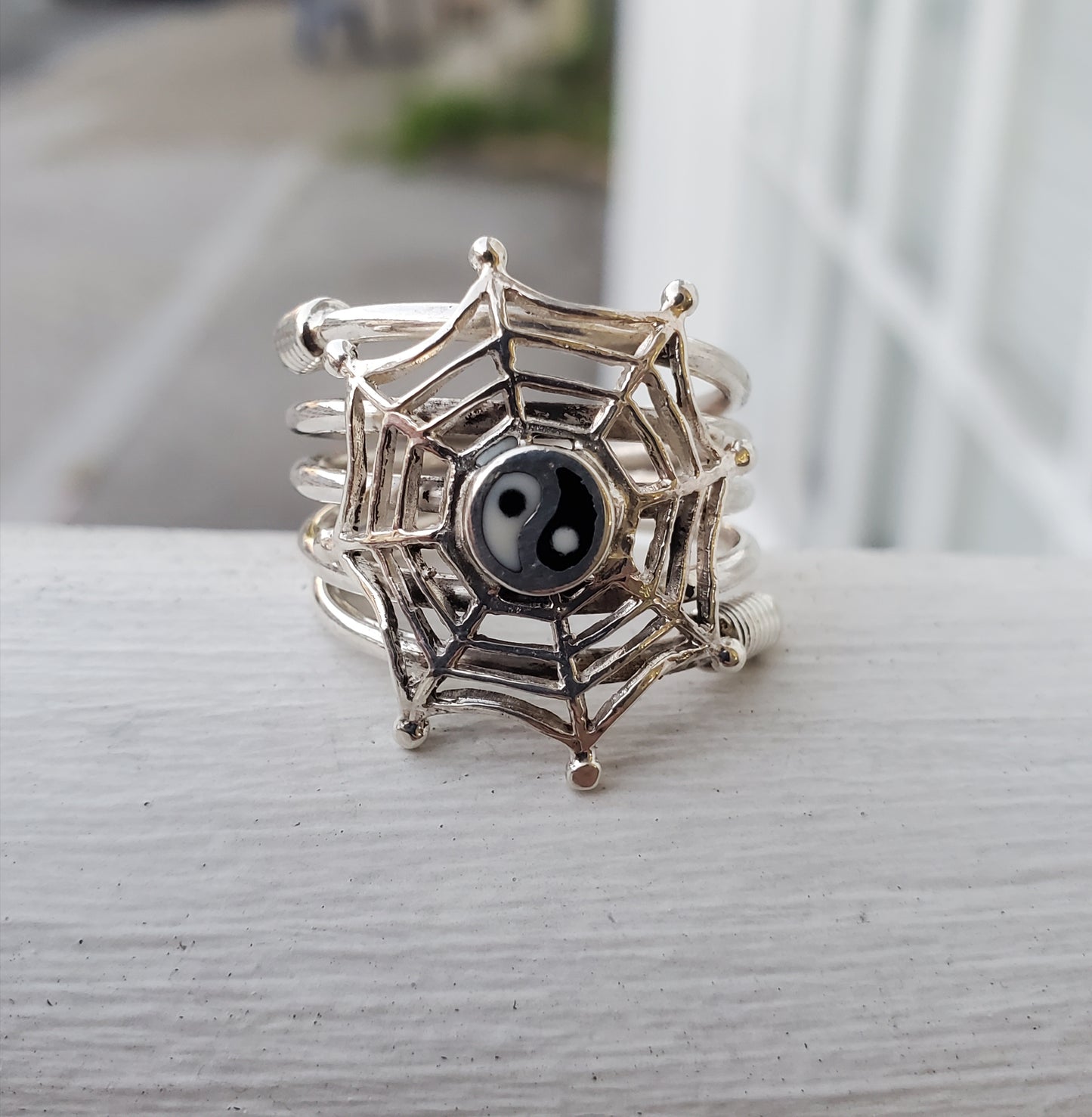 925 Sterling Silver Ying & Yang Spiderweb Swirl Ring