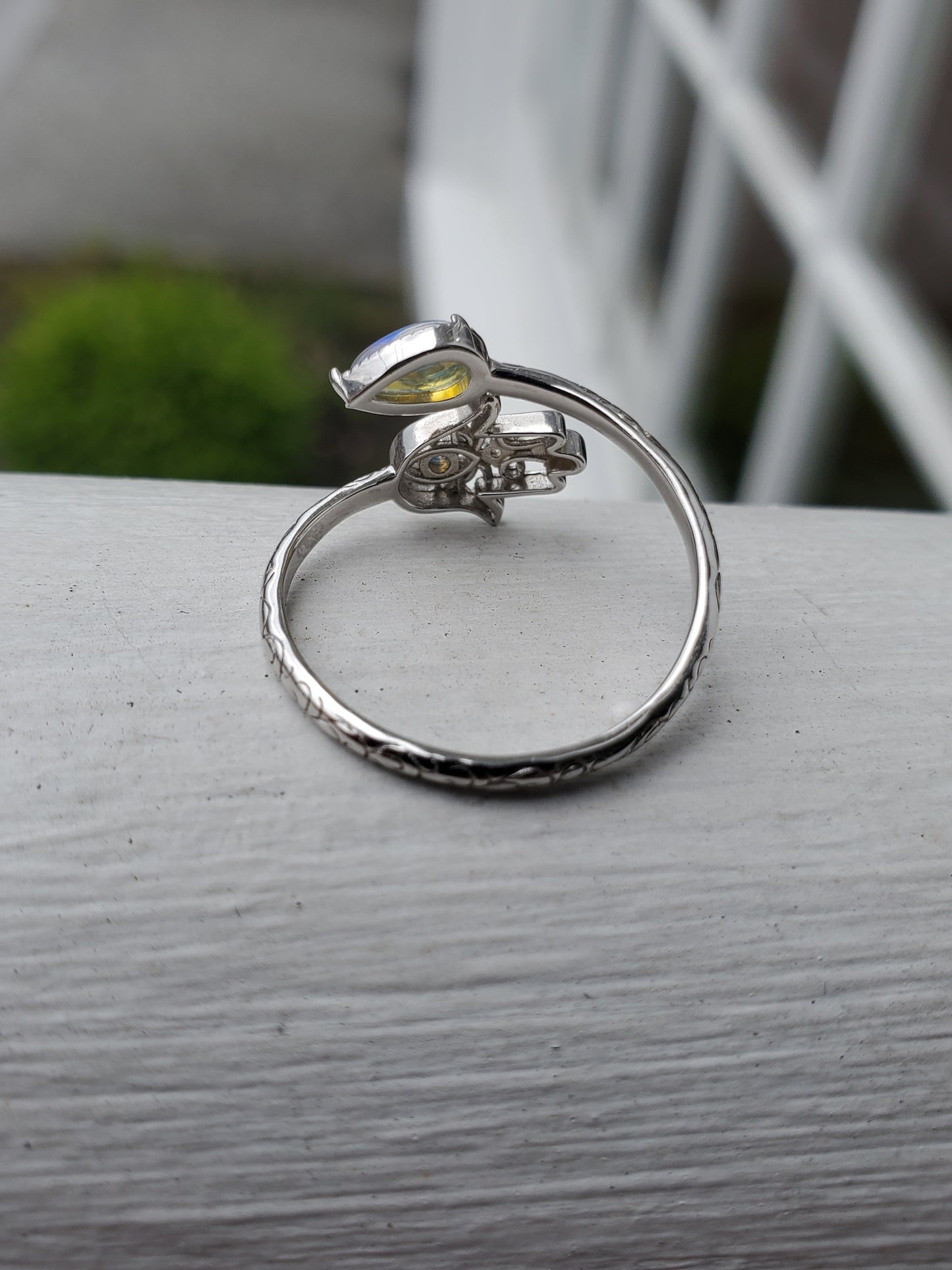 925 Sterling Silver Ladies Hamsa Opalite Bypass Filagre Ring