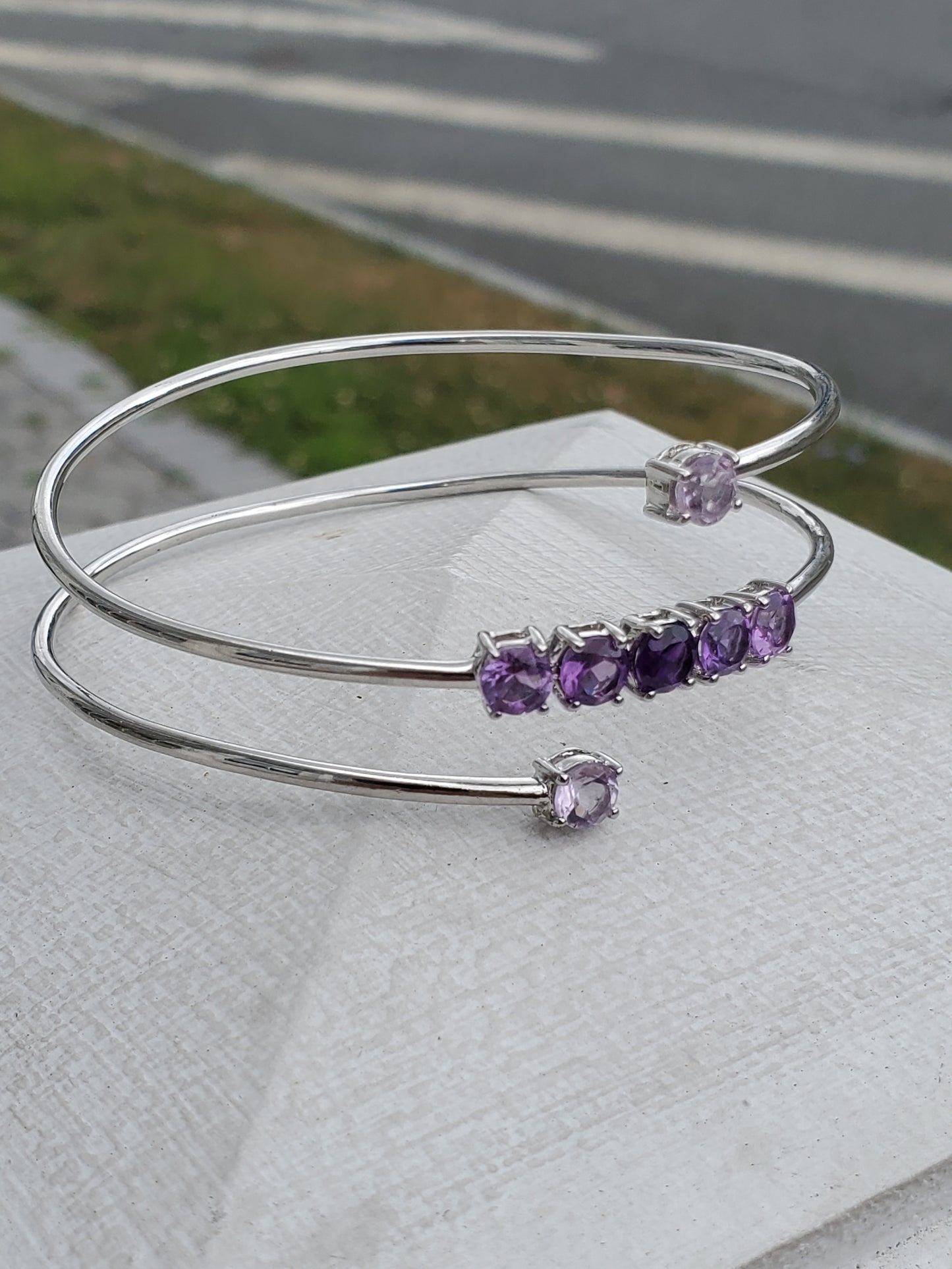 925 Sterling Silver Amethyst Triple Wrap Wire Bangle Bracelet