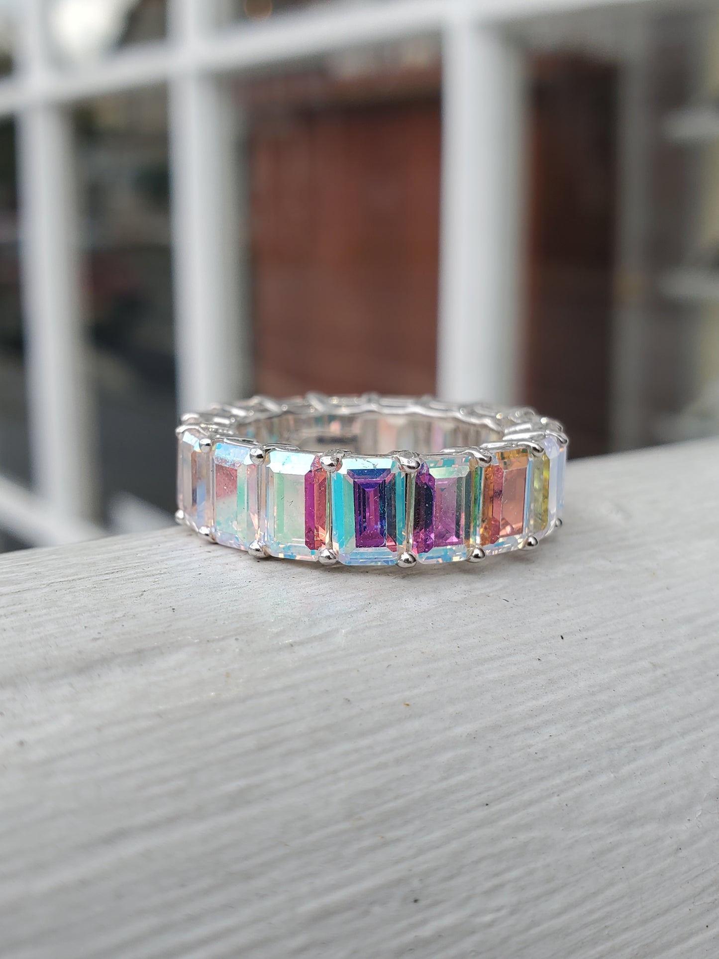 925 Sterling Silver Aurora Borealis AB Crystal Emerald Cut Eternity Band Ring