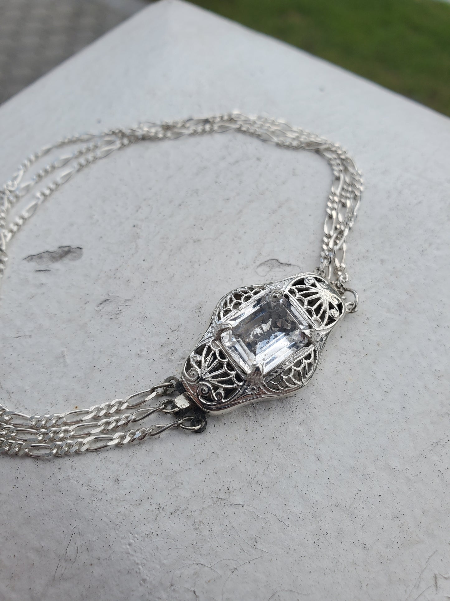 925 Sterling Silver Antique Art Deco White Topaz Triple Strand Figaro Link Bracelet