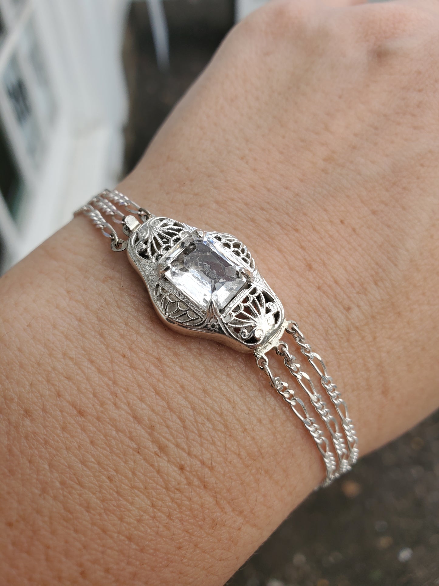 925 Sterling Silver Antique Art Deco White Topaz Triple Strand Figaro Link Bracelet