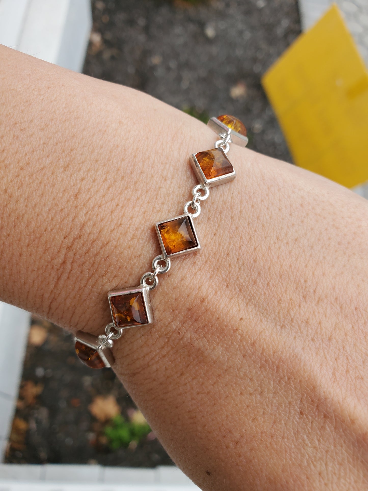 925 Sterling Silver Princess Cut Amber Bracelet