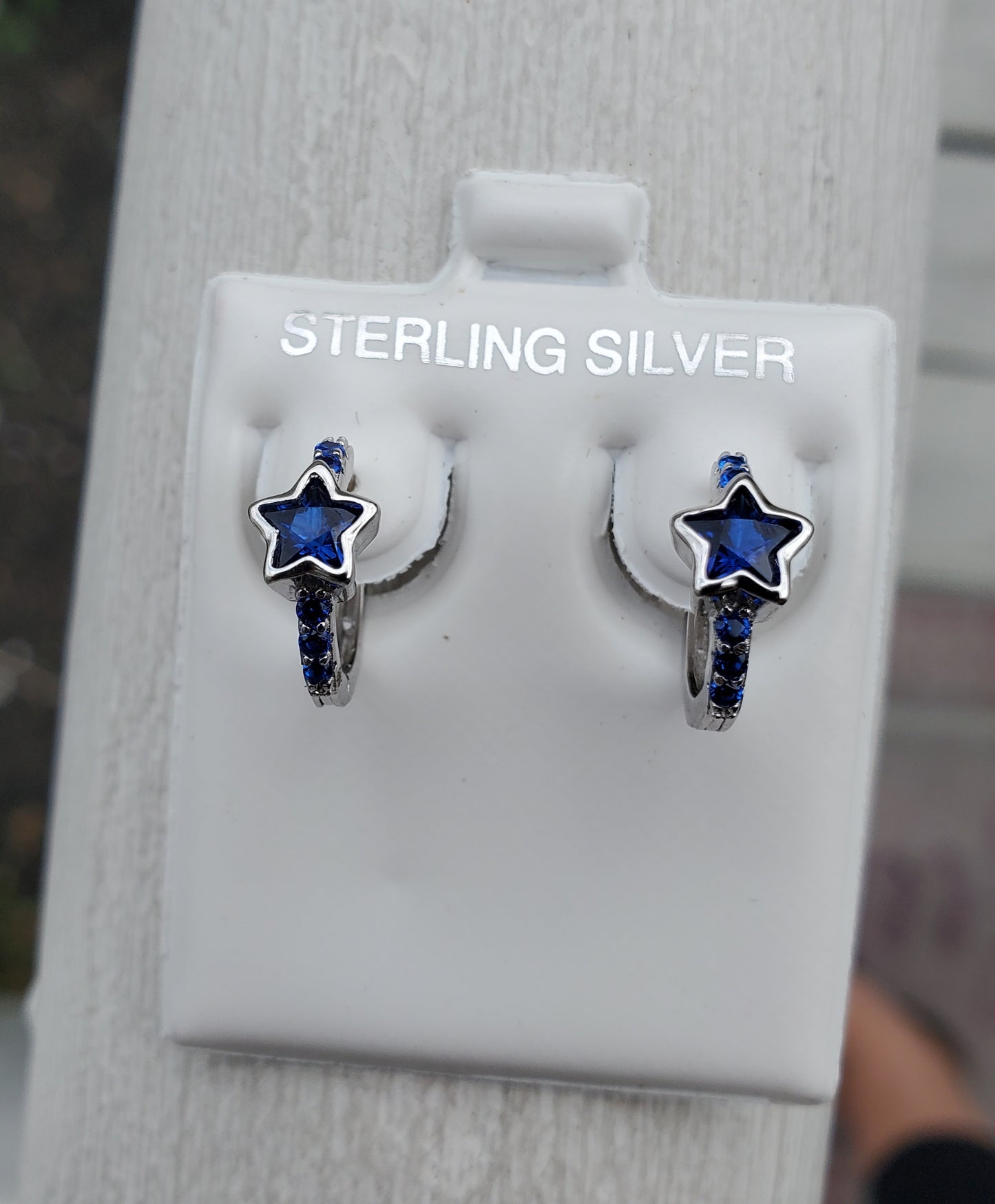 925 Sterling Silver Simulated Blue Sapphire Star Huggie Hoop Earrings