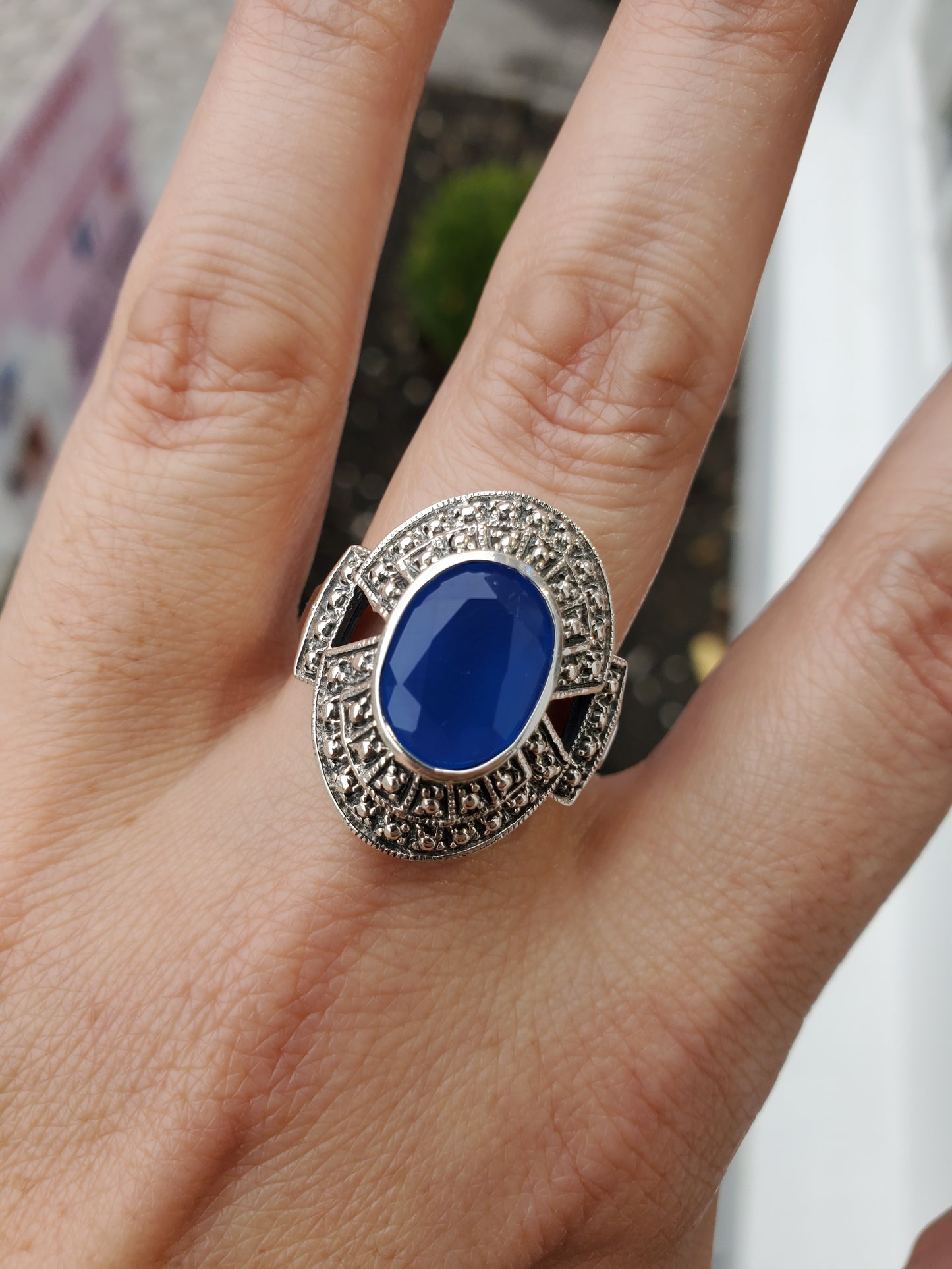 925 Sterling Silver Simulated Blue Chalcedony & Marcasite Shield Ring