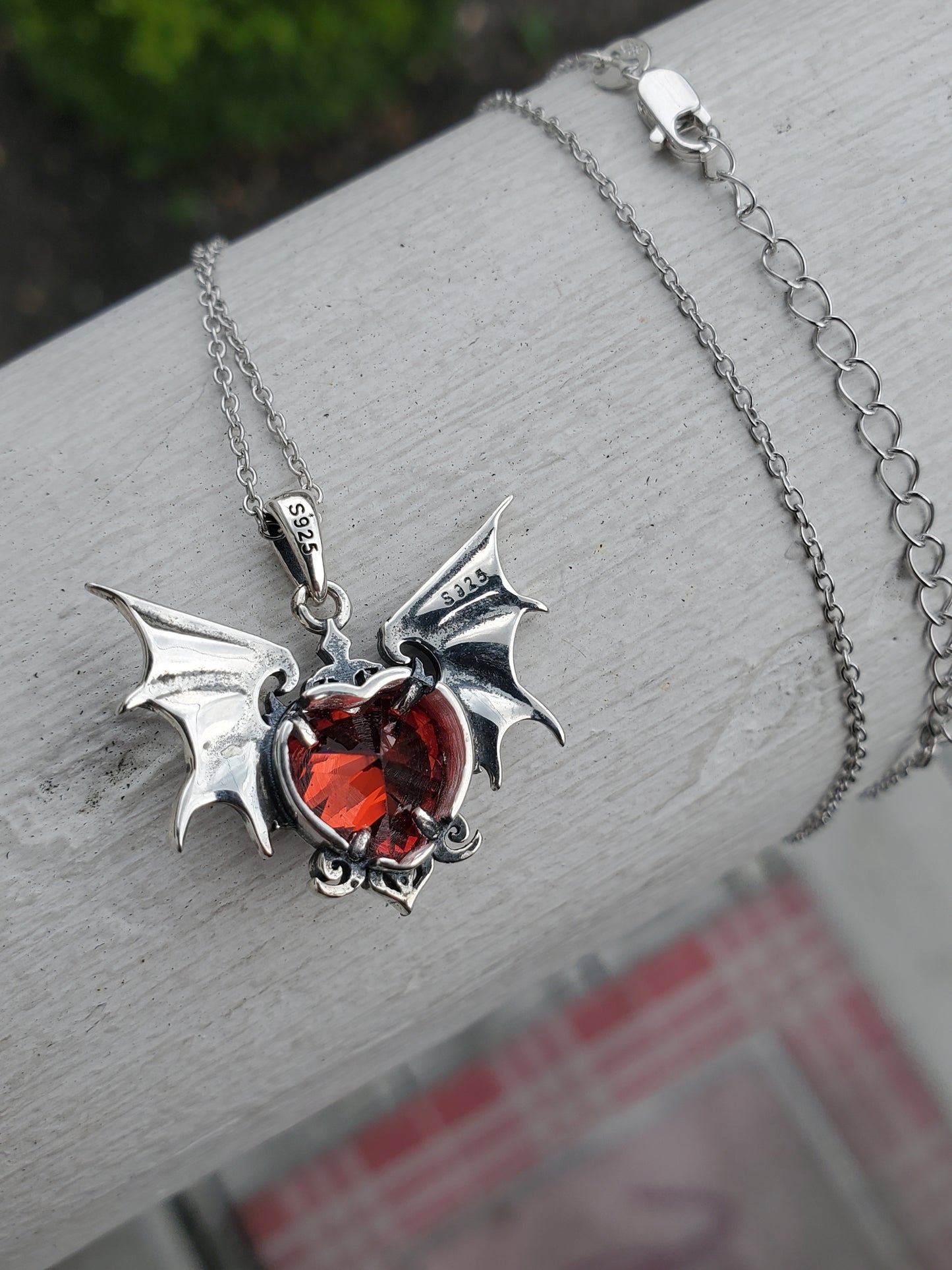 925 Sterling Silver Vampire Bat Red Heart Necklace