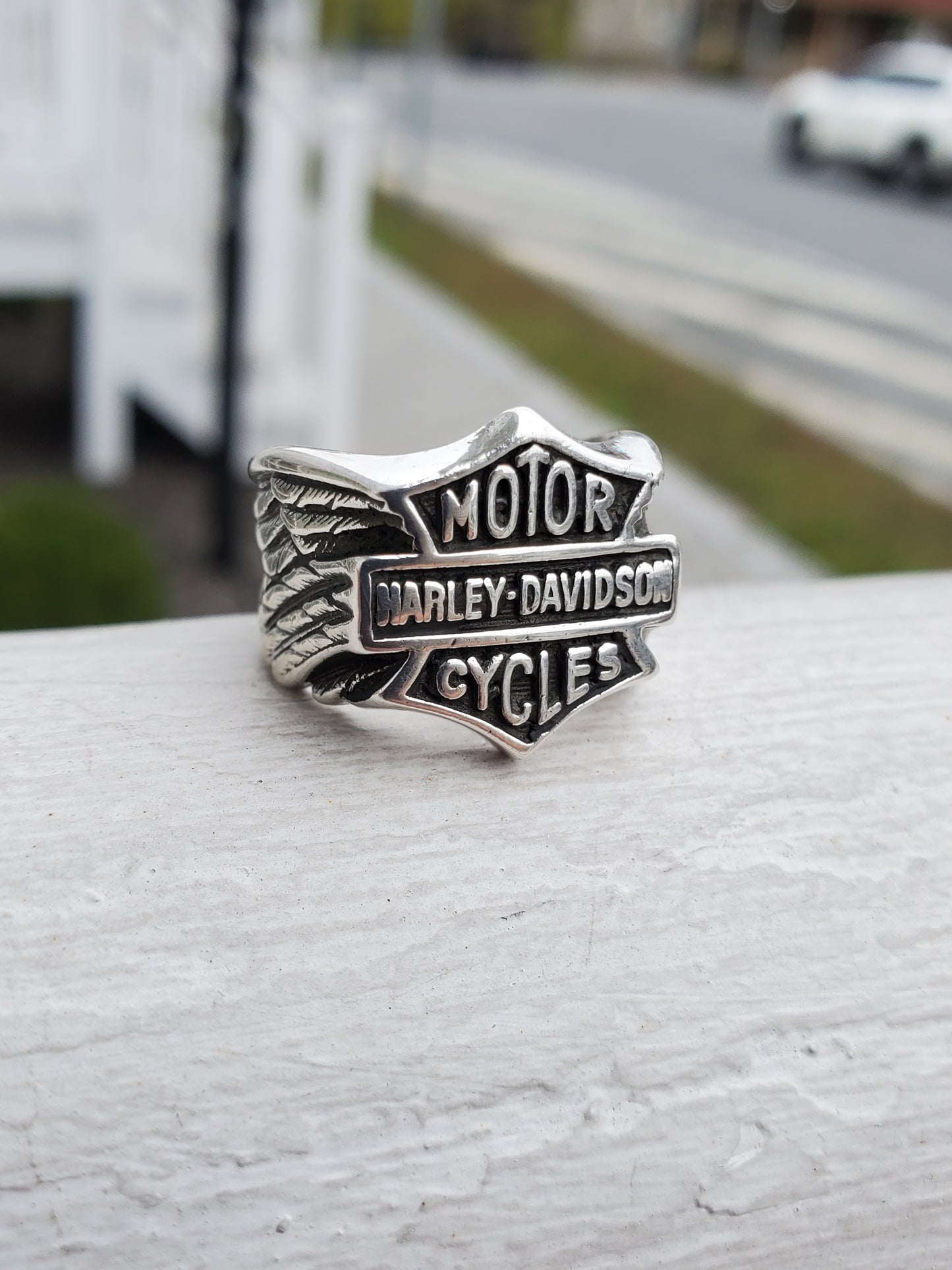 925 Sterling Silver Motorcycle Harley Davidson Shield Eagle Feather Ring