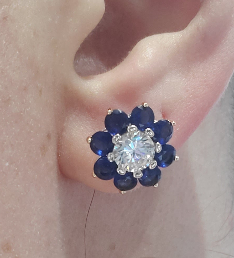 Stainless Steel Gold Plated Synthetic Sapphire & Zirconia CZ Flower Stud/Post Earrings