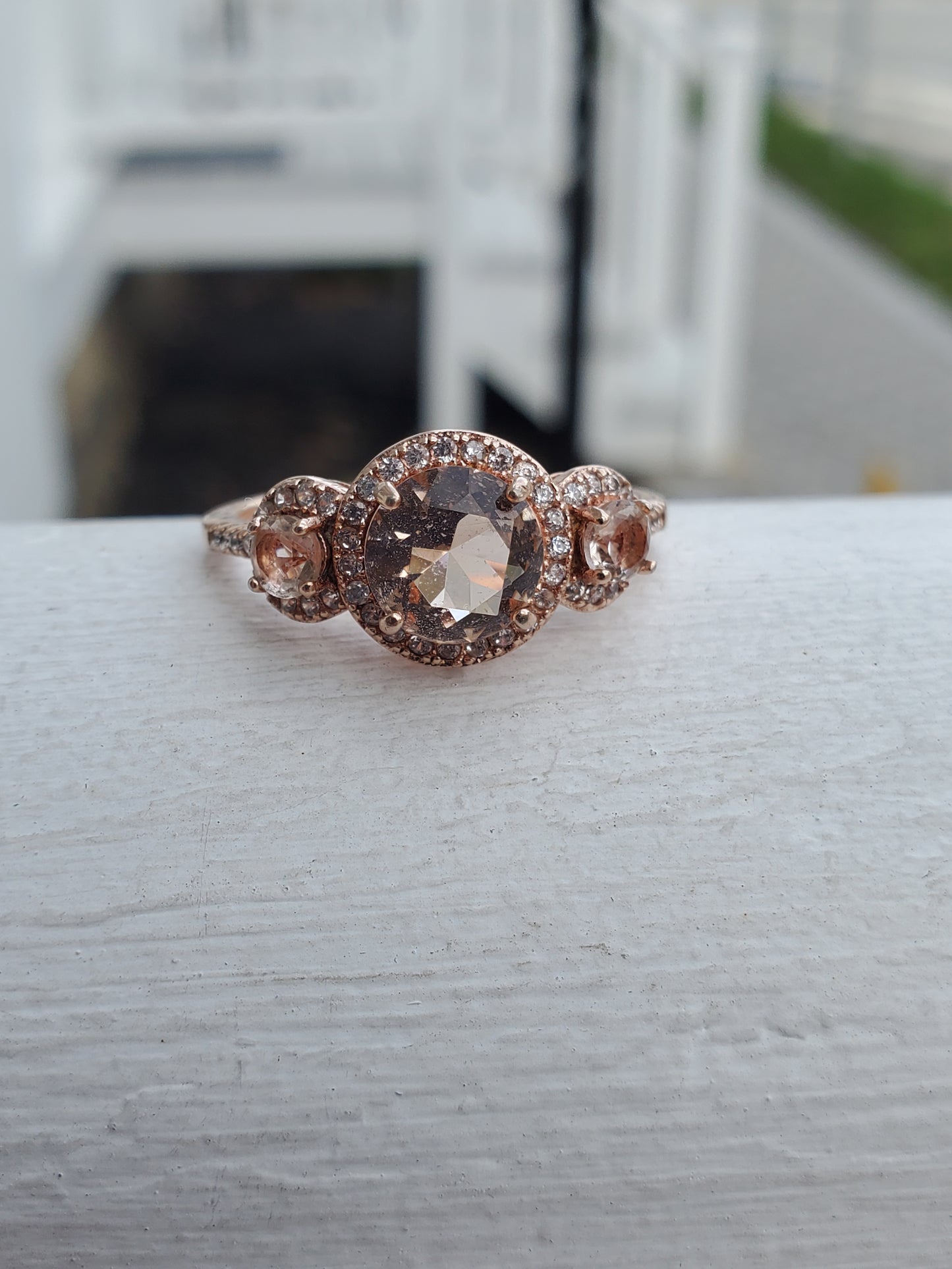 926 Sterling Silver Rose Vermeil Morganite & Zirconia Past Present Future Design Ring