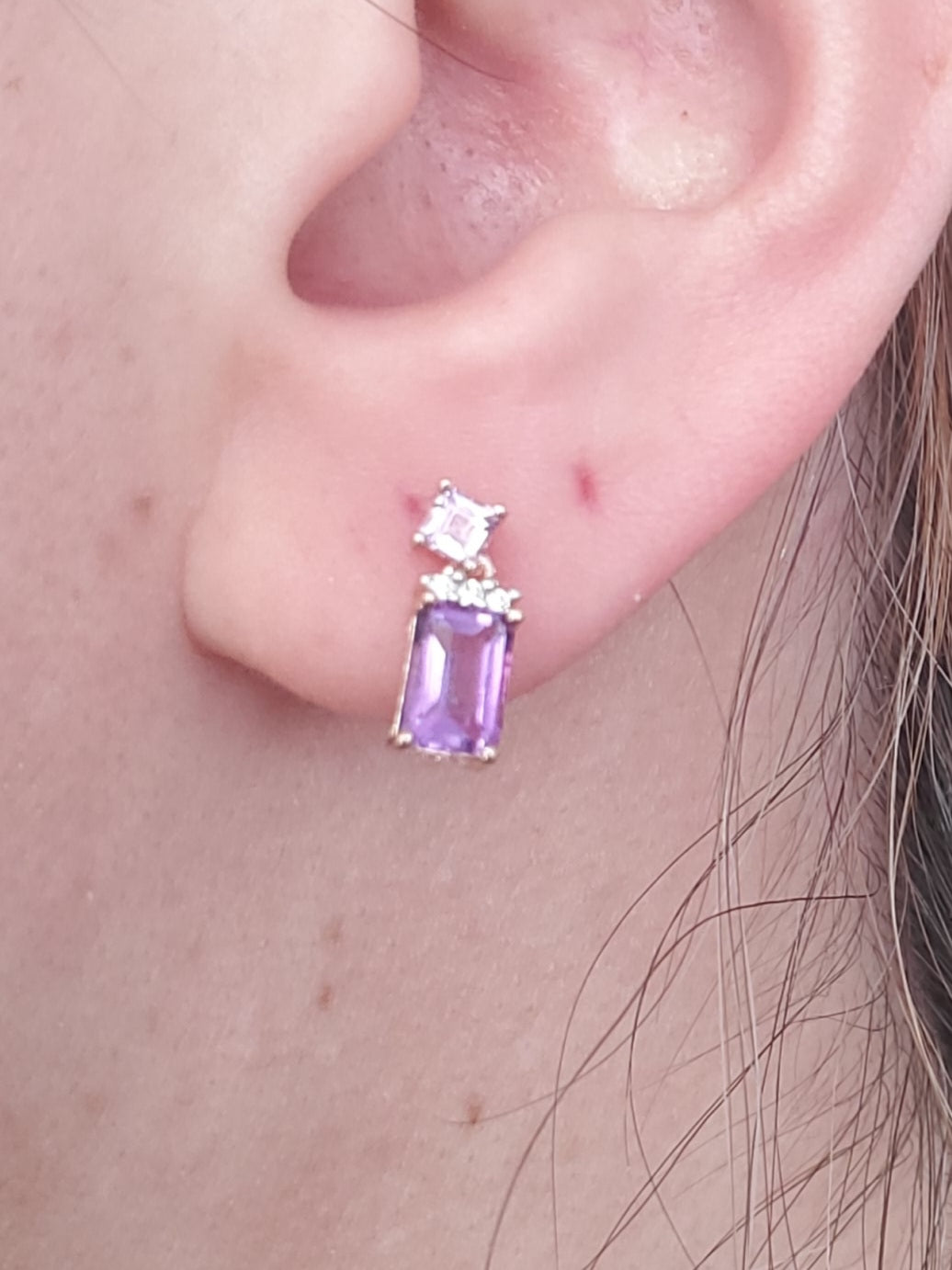 925 Sterling Silver Rose Vermeil Petite Emerald Cut Amethyst Dangle Earrings