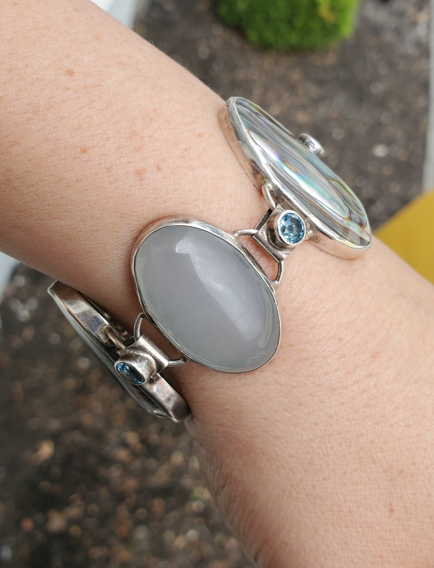 925 Sterling Silver Abalone, Gray Moonstone & Blue Topaz Large Stone Bracelet