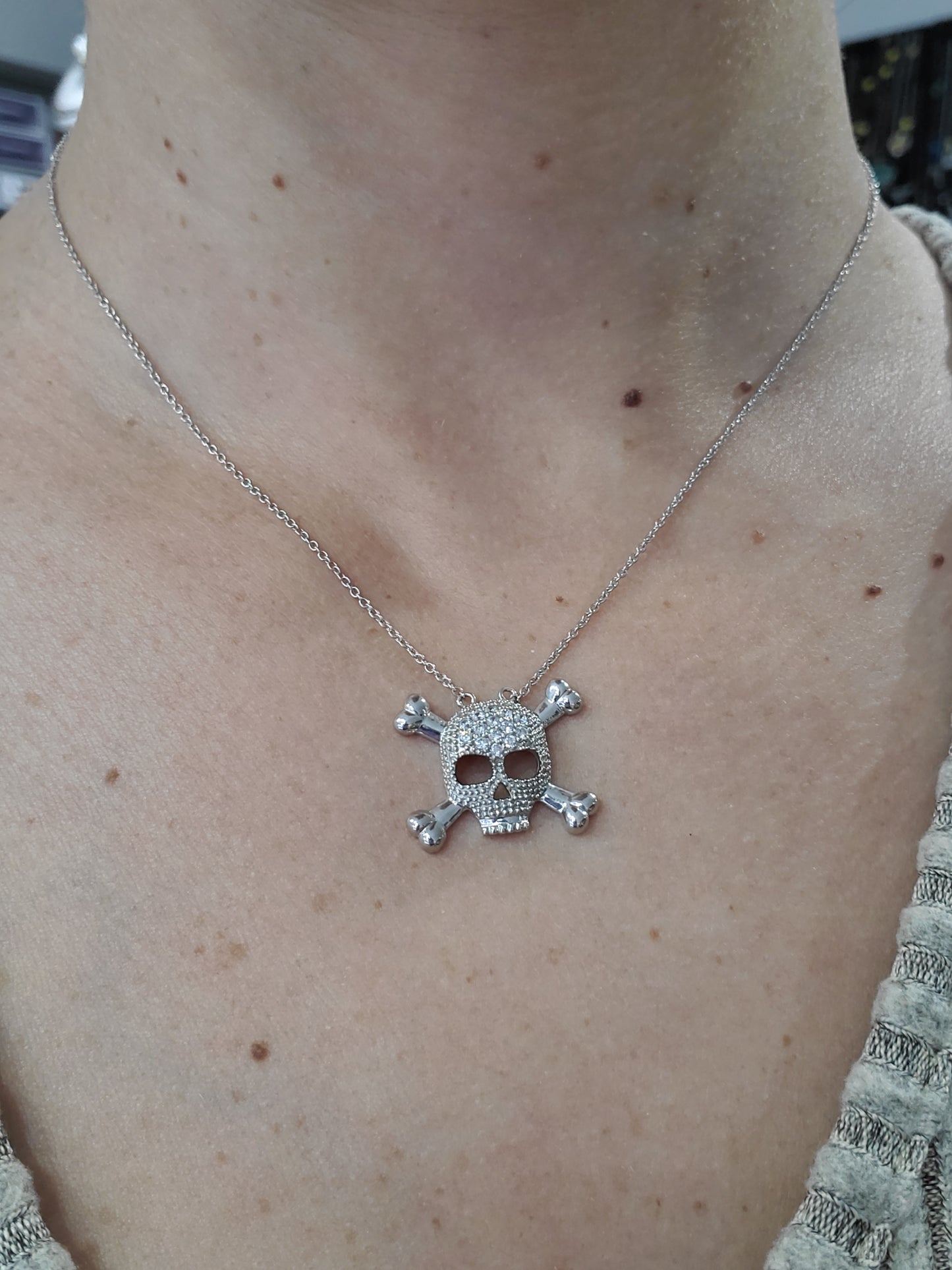 925 Sterling Silver Skull & Crossbones CZ Zirconia Necklace