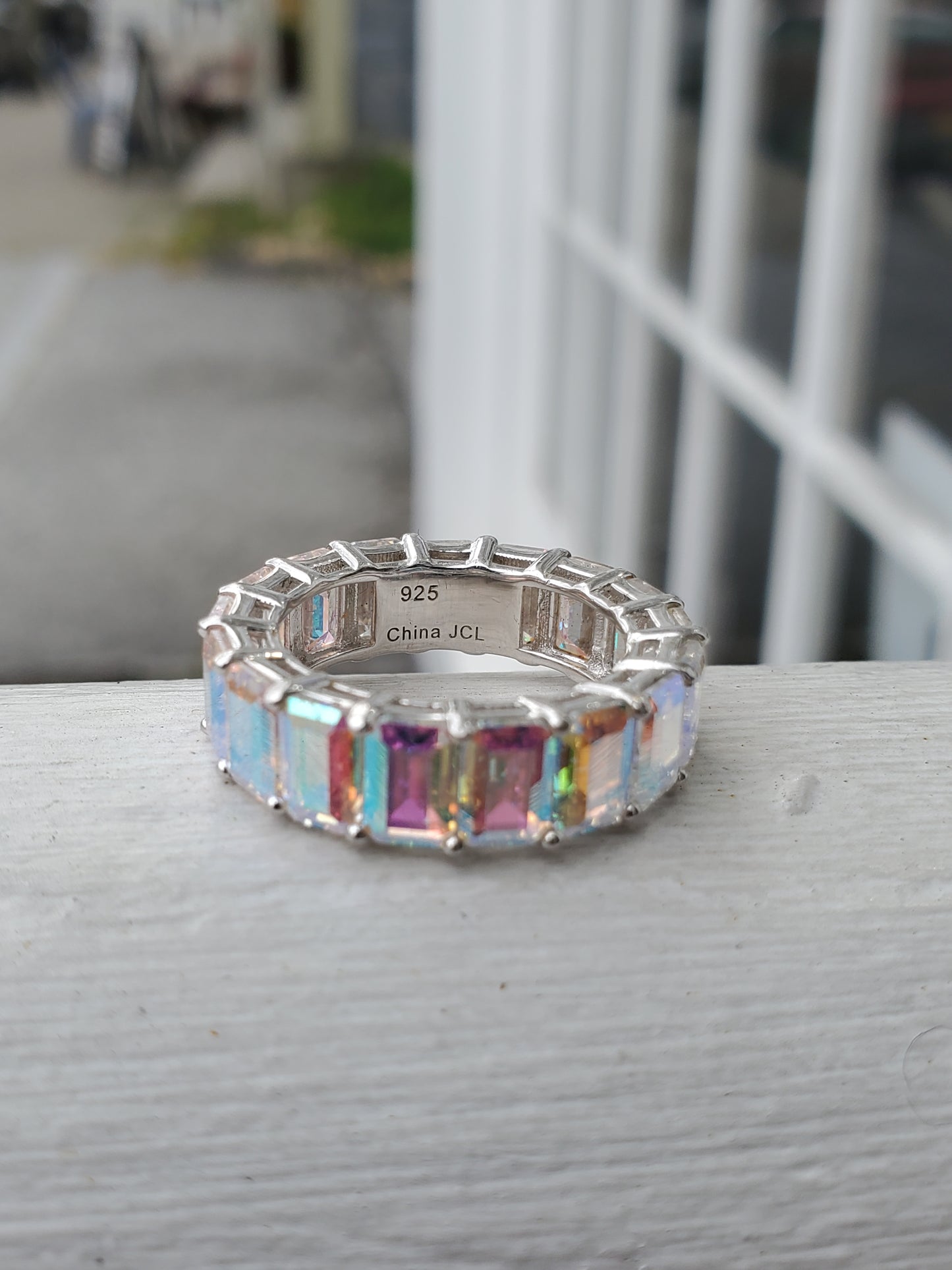 925 Sterling Silver Aurora Borealis AB Crystal Emerald Cut Eternity Band Ring