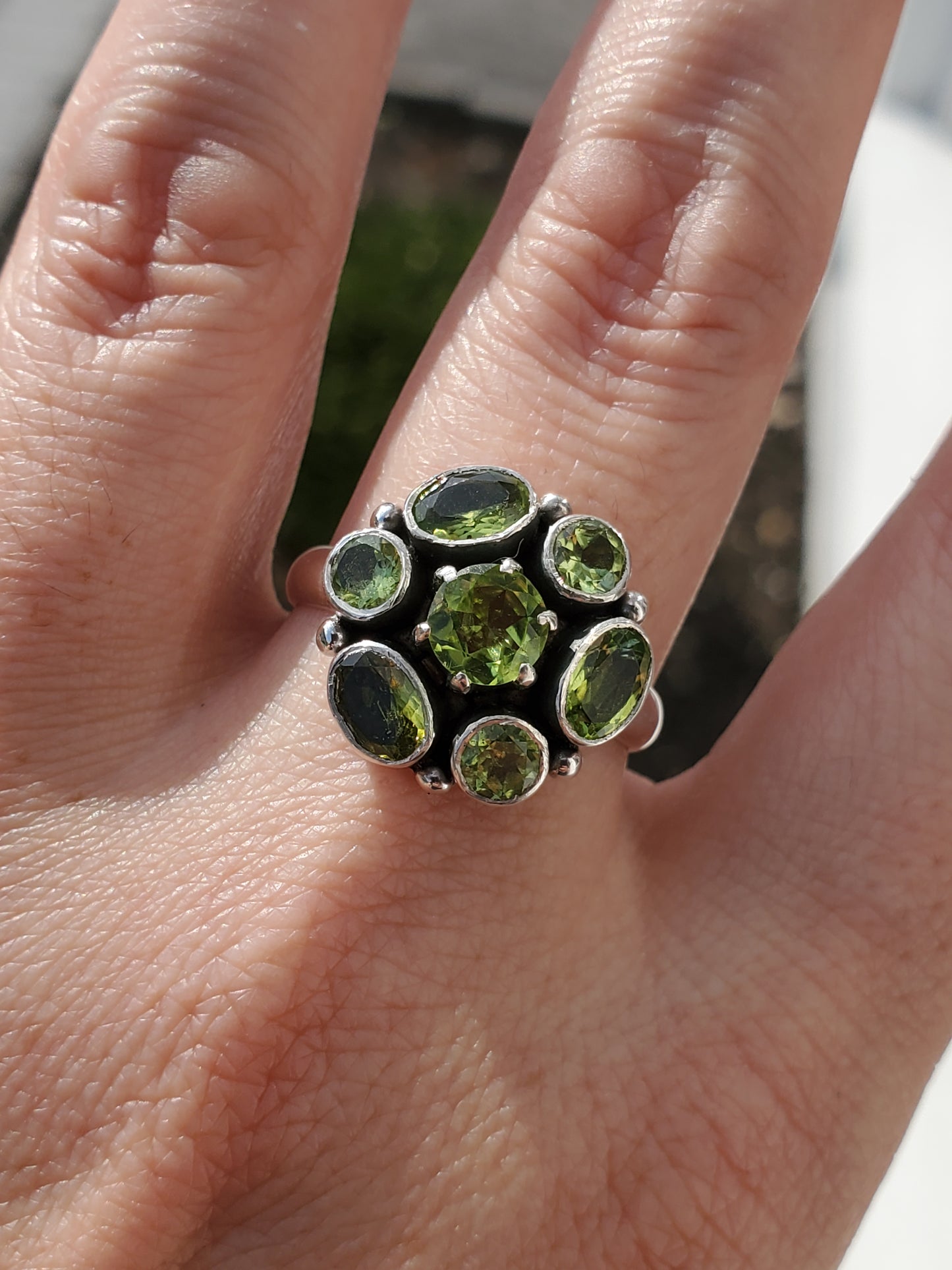 925 Sterling Silver Natural Peridot Cluster Ring