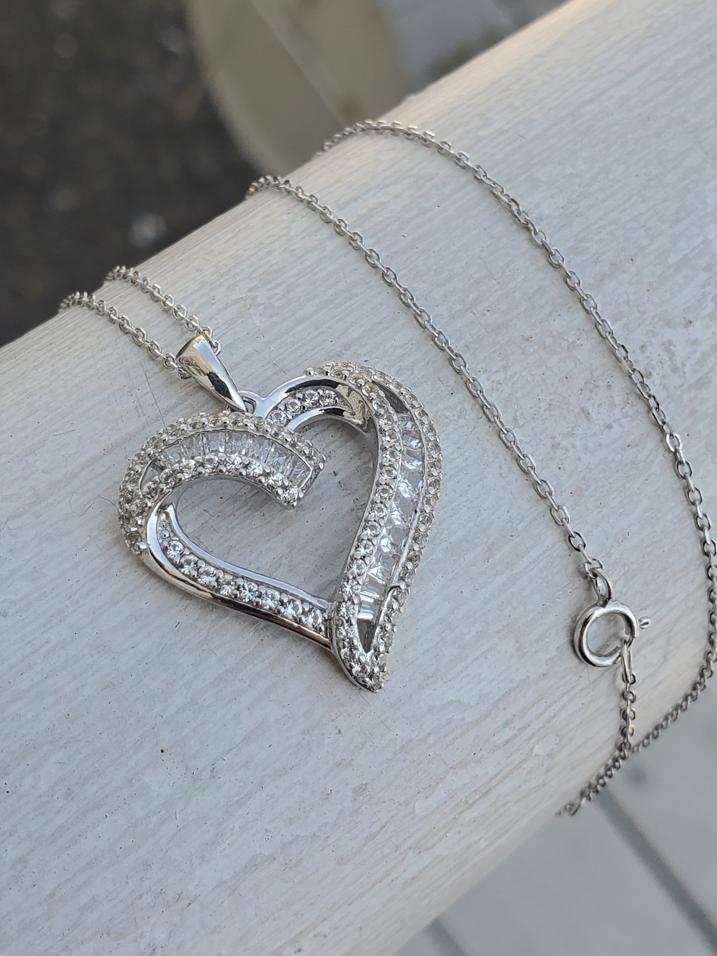 925 Sterling Silver Sweet Sentiments Open Heart White Topaz Baguette Necklace