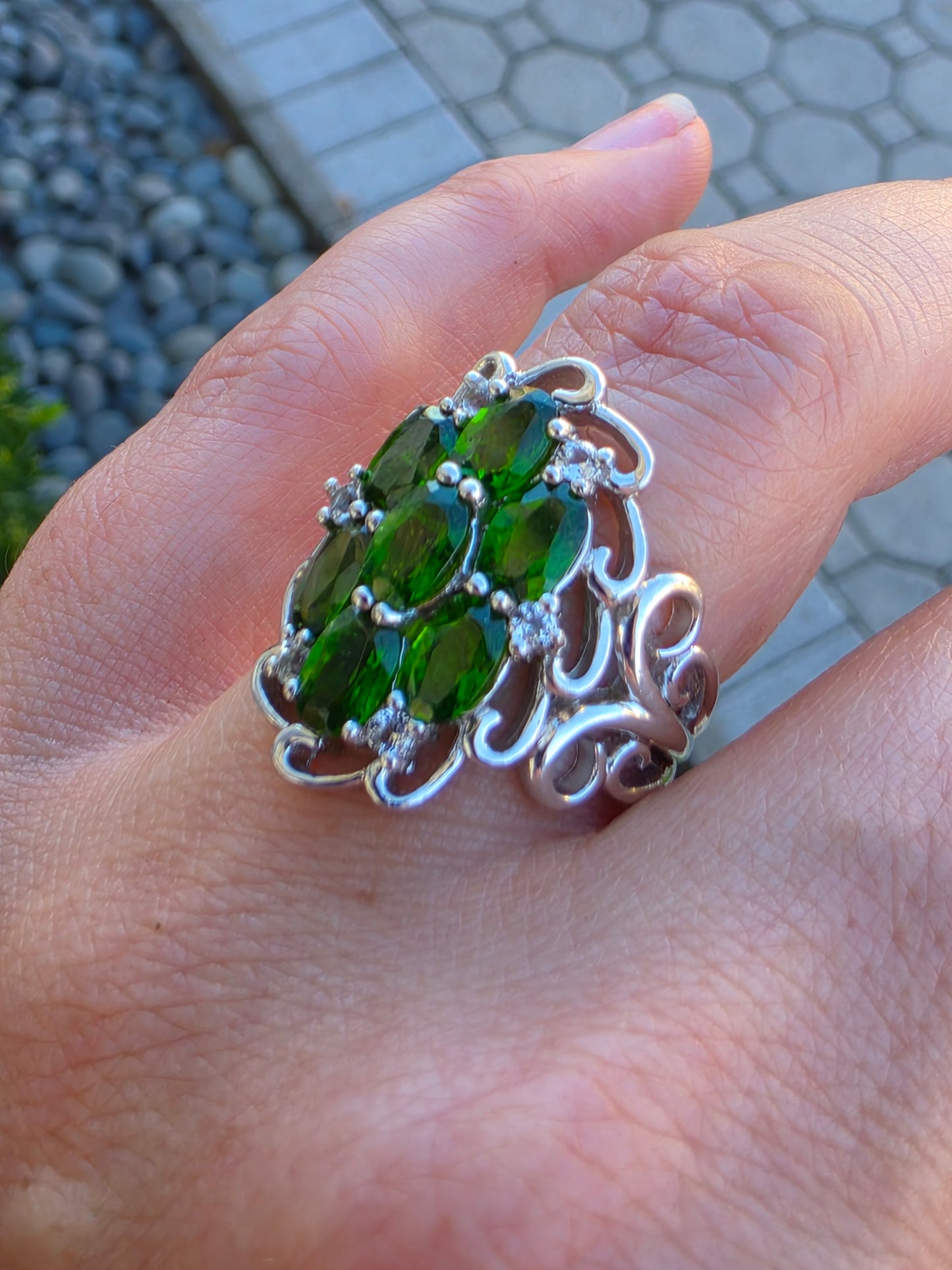 925 Sterling Silver Chrome Diopside Cluster Ring