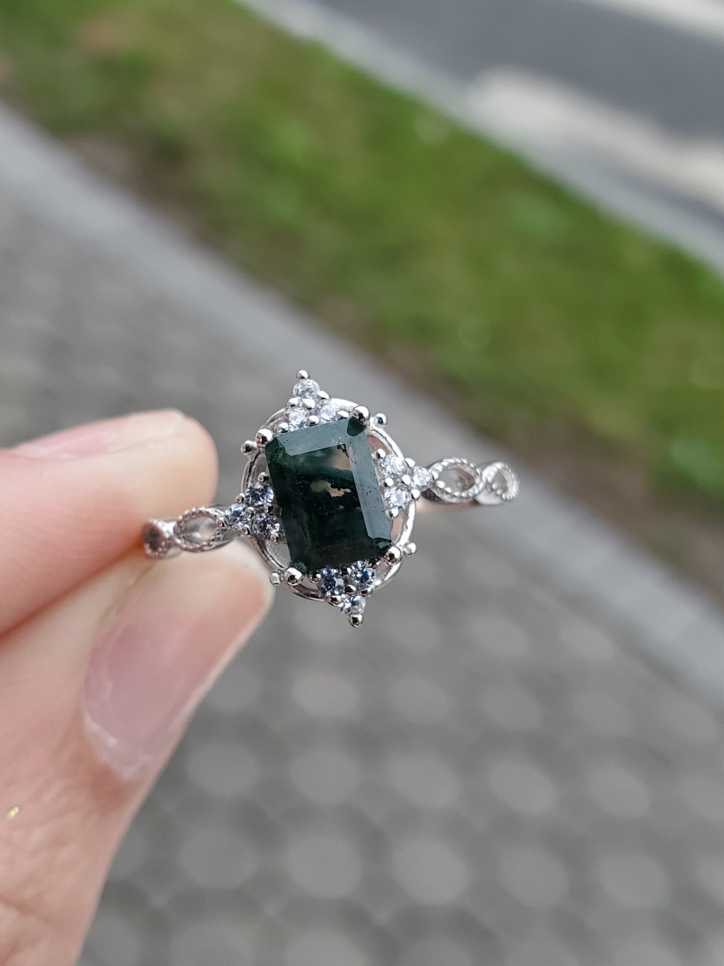 925 Sterling Silver Emerald Cut Mossy Agate Zirconia Ring