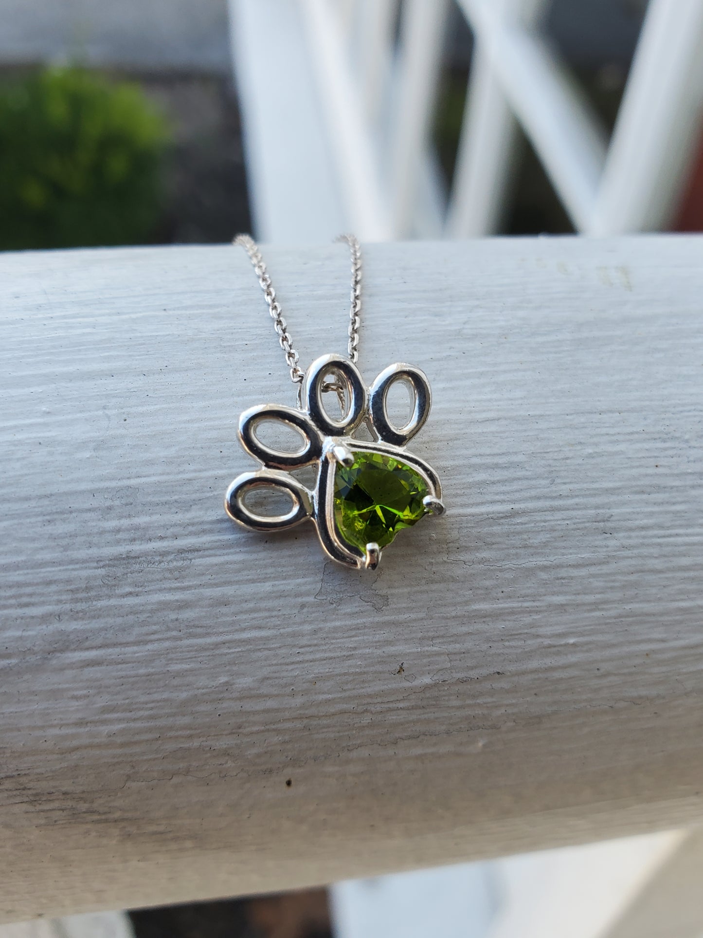 925 Sterling Silver Custom Made Simulated Peridot Pet Pawprint Necklace