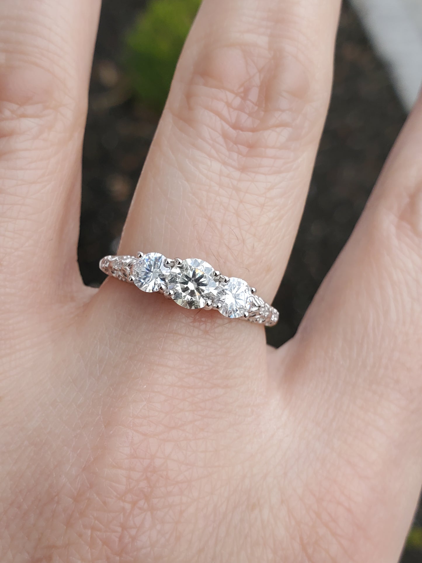 925 Sterling Silver Moissanite Diamond Past Present Future Filagre Ring