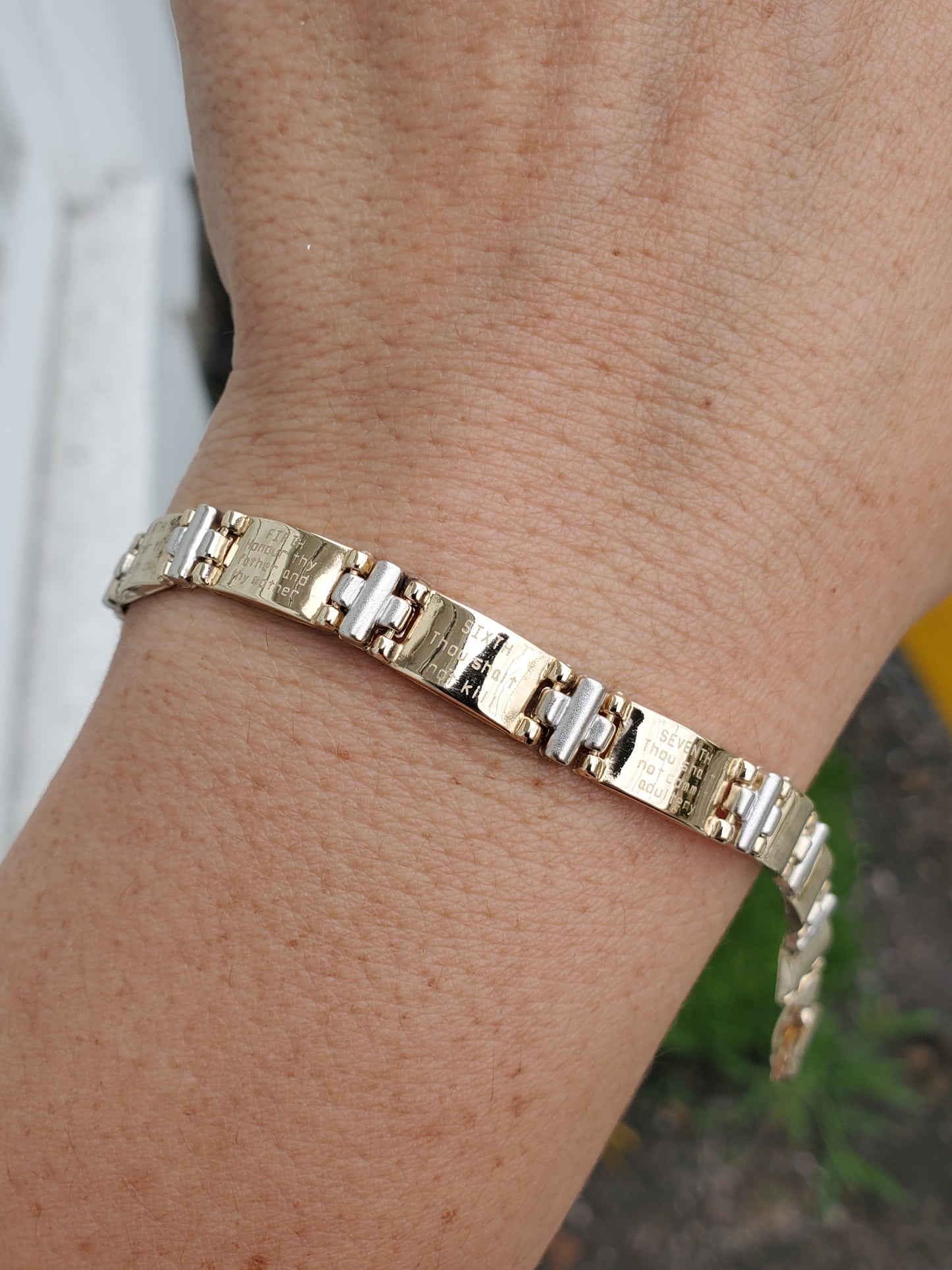 14k Solid Gold Two-Tone Ladies Religious 10-Commandments Bracelet