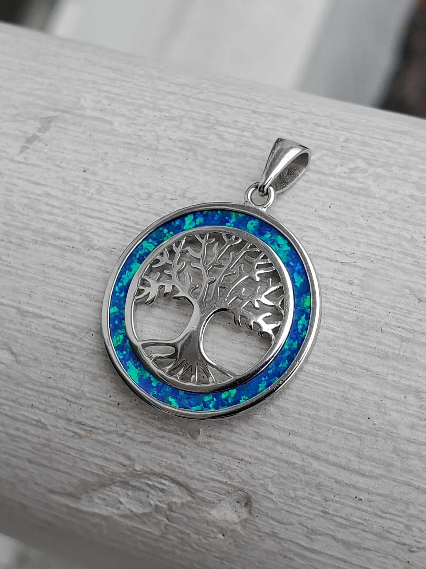 925 Sterling Silver Blue Fire Opal Family Tree Pendant