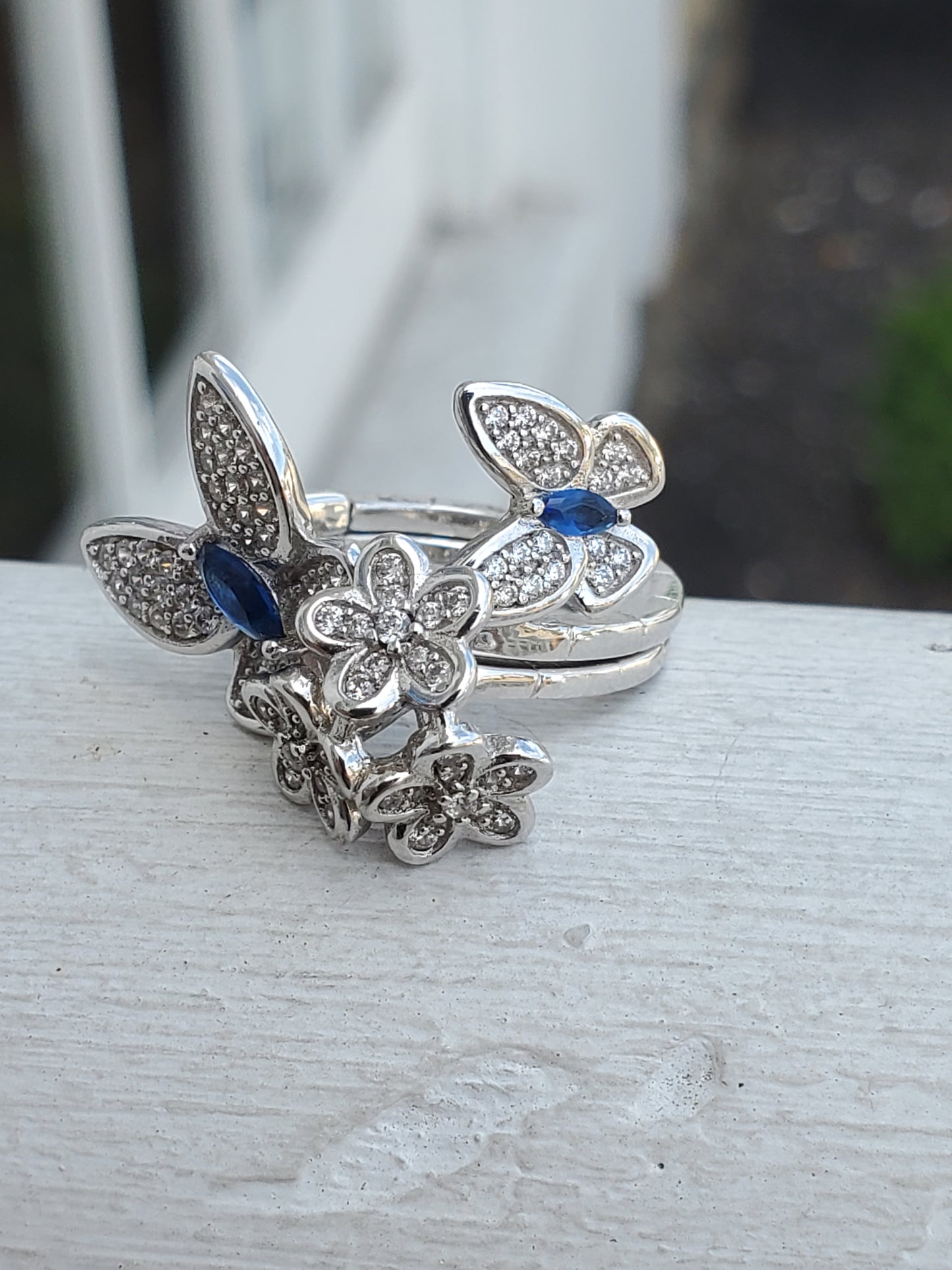 925 Sterling Silver Butterfly Bouquet 💐 Lab-Created Sapphire & Zirconia double finger ring