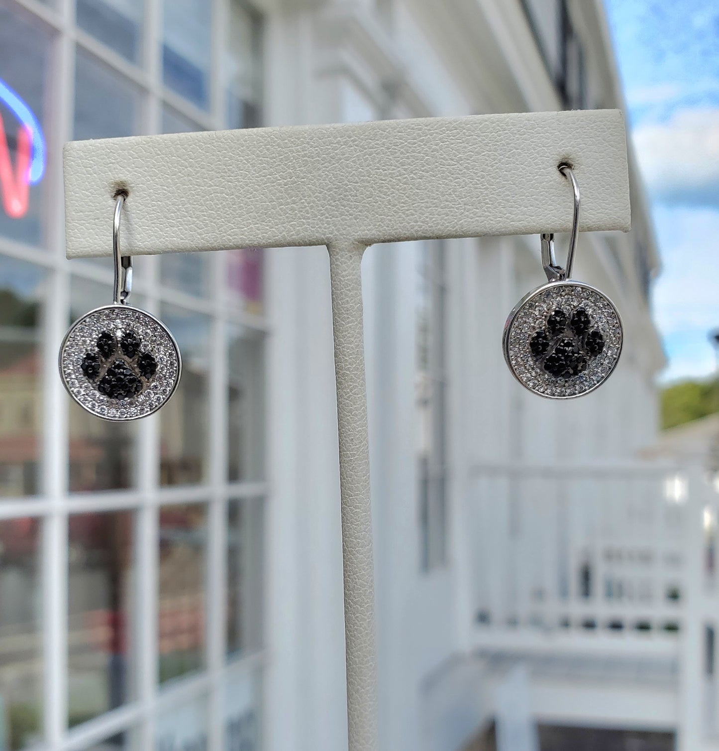 925 Sterling Silver Pet Pawprint Black & Clear Zirconia Leaverback Earrings