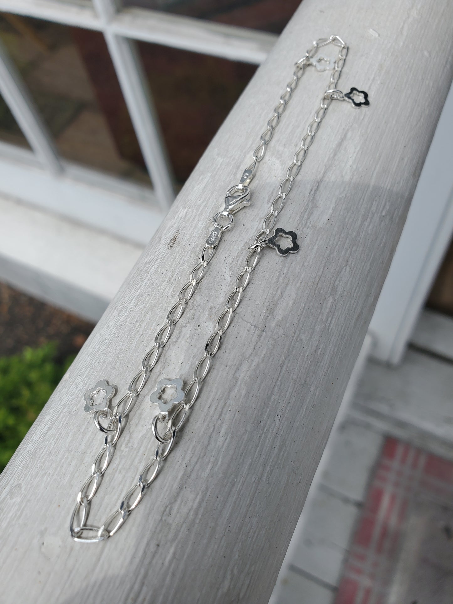 925 Sterling Silver Flower Charm Dangle Anklet / Ankle Bracelet 10”