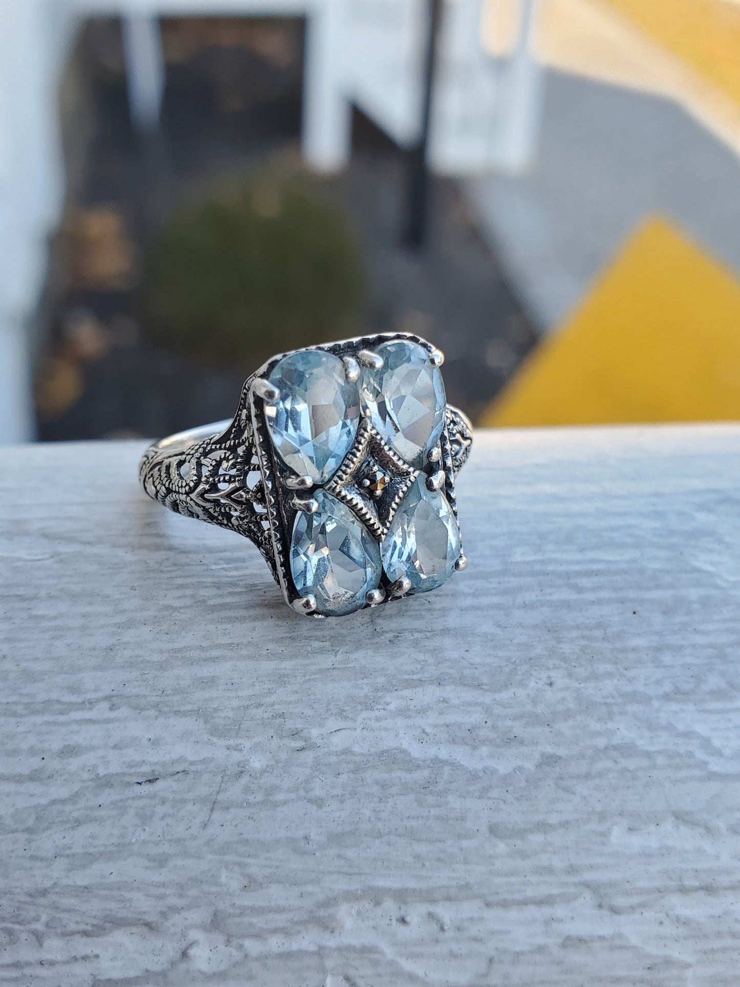 925 Sterling Silver Antique Genuine Aquamarine Grid Filagre Design Setting