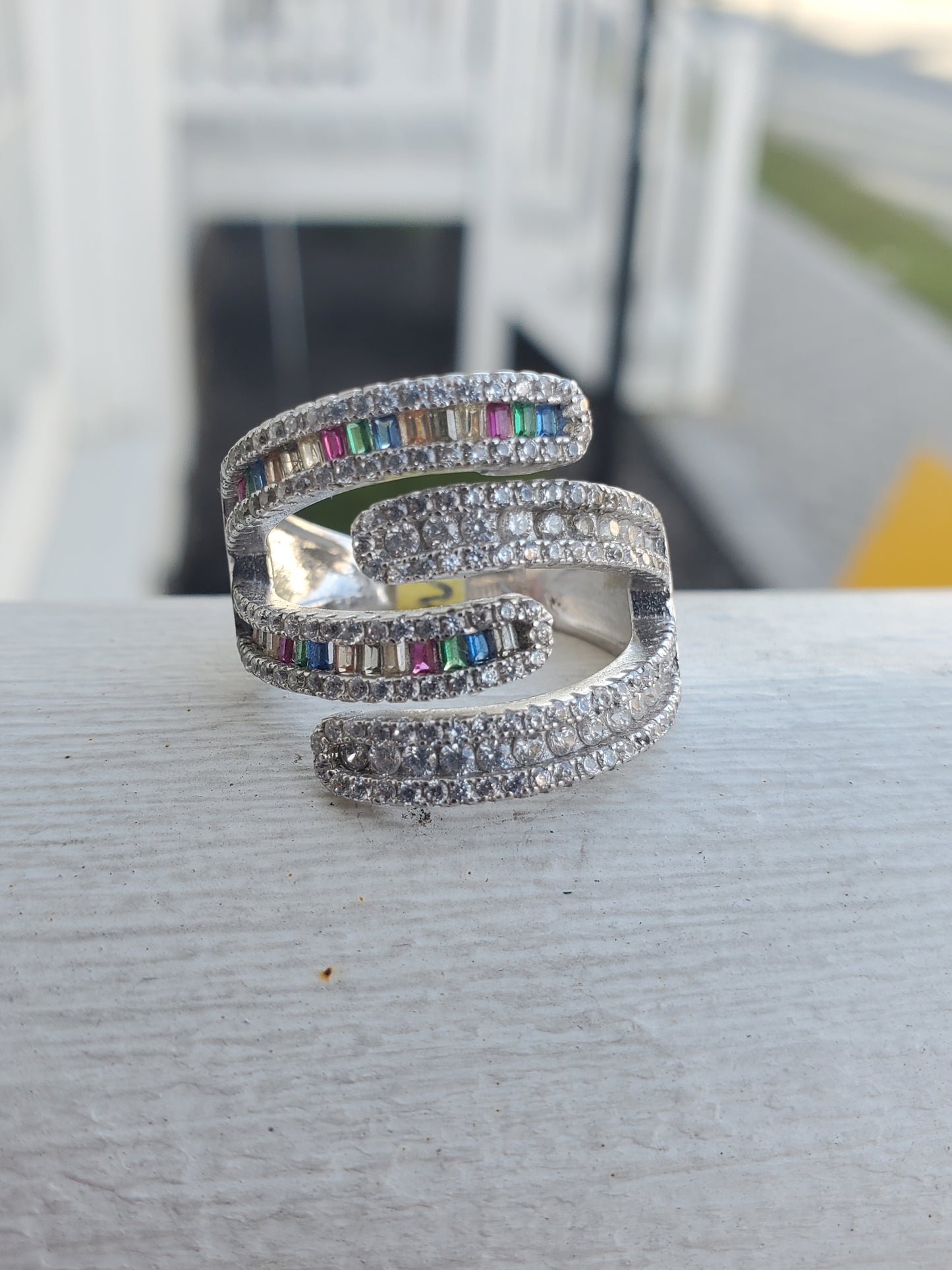 925 Sterling Silver Bypass Multi-colored Channel Set Zirconia Ring