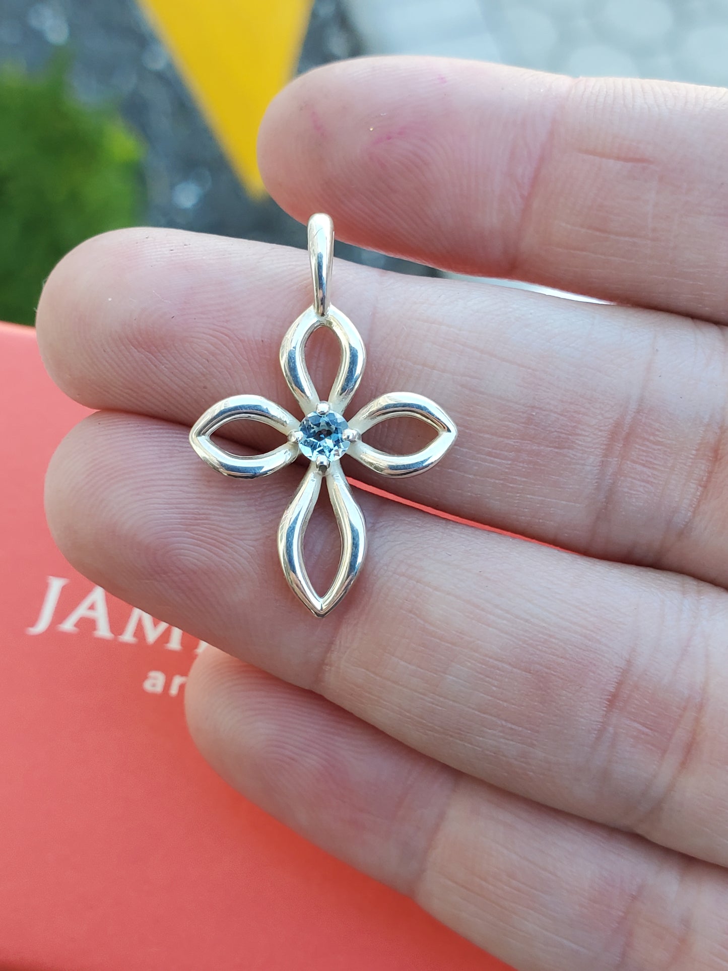 925 Sterling Silver Designer James Avery Aquamarine Cross Pendant Charm Necklace