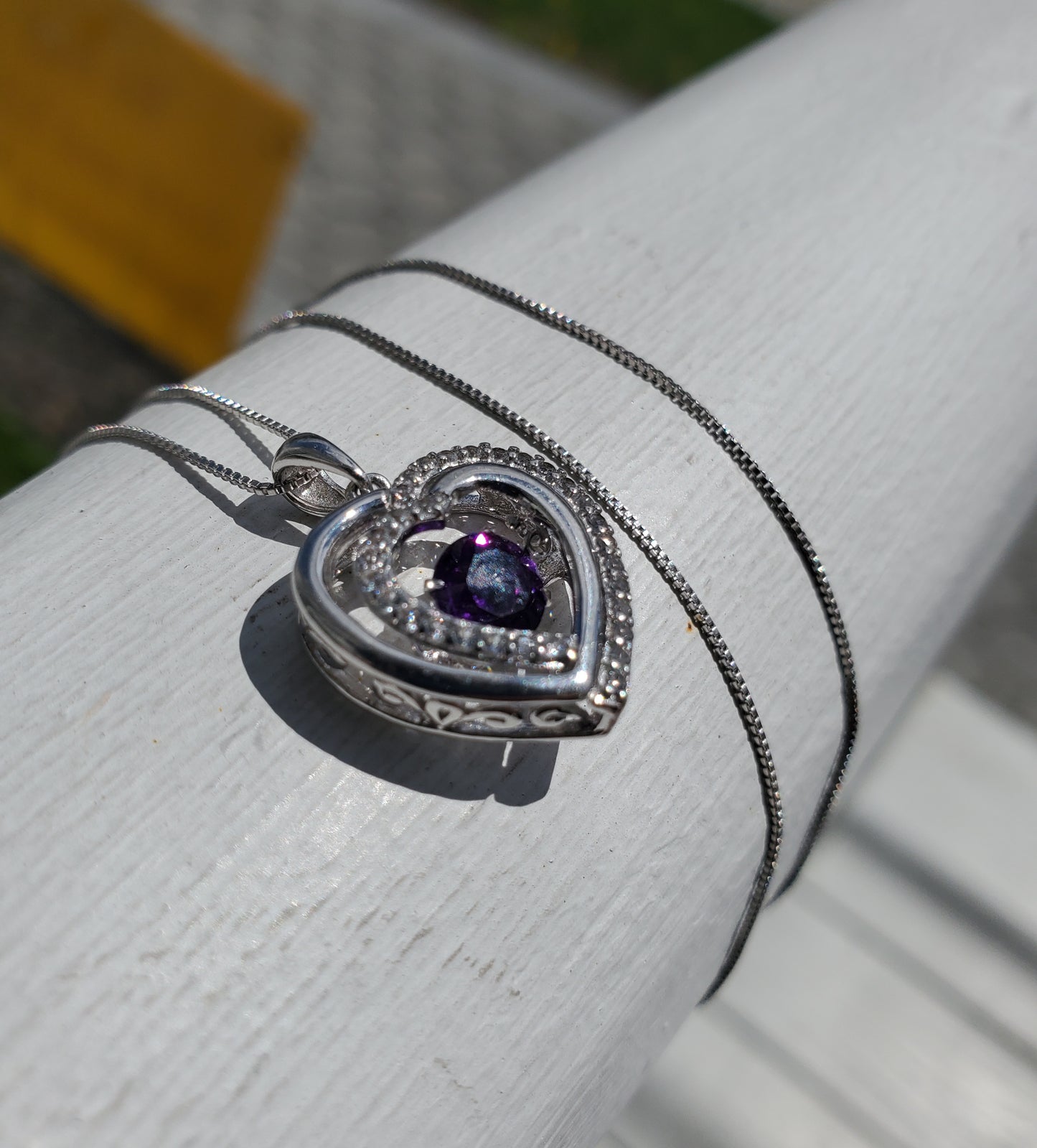 925 Sterling Silver Simulated Floating Amethyst & Zirconia Heart Necklace