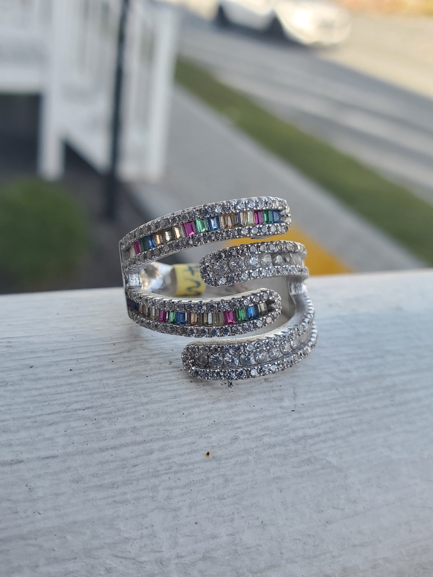925 Sterling Silver Bypass Multi-colored Channel Set Zirconia Ring