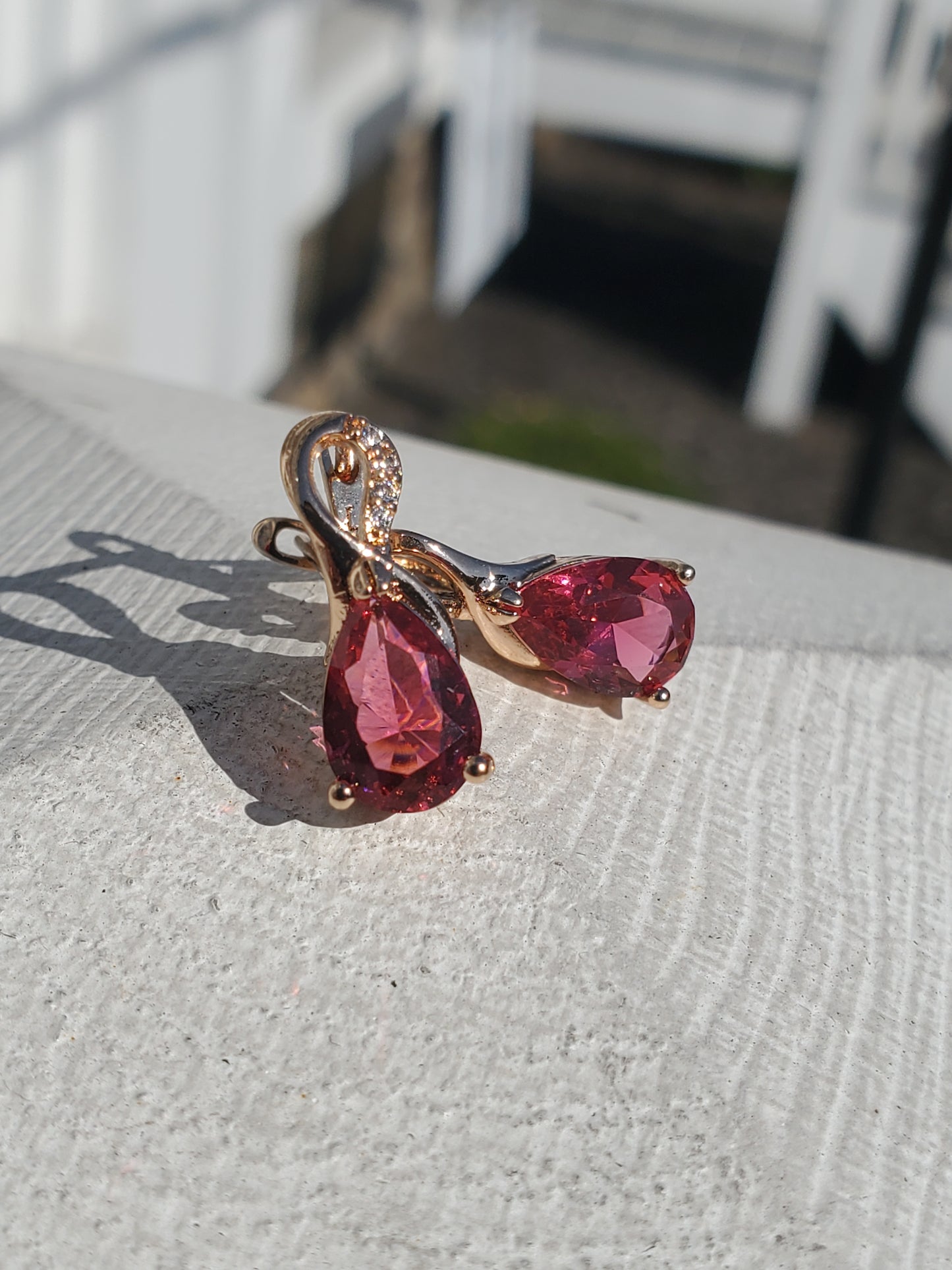 Stainless Steel Rose Vermeil Pear Shape Fushia Crystal Earrings