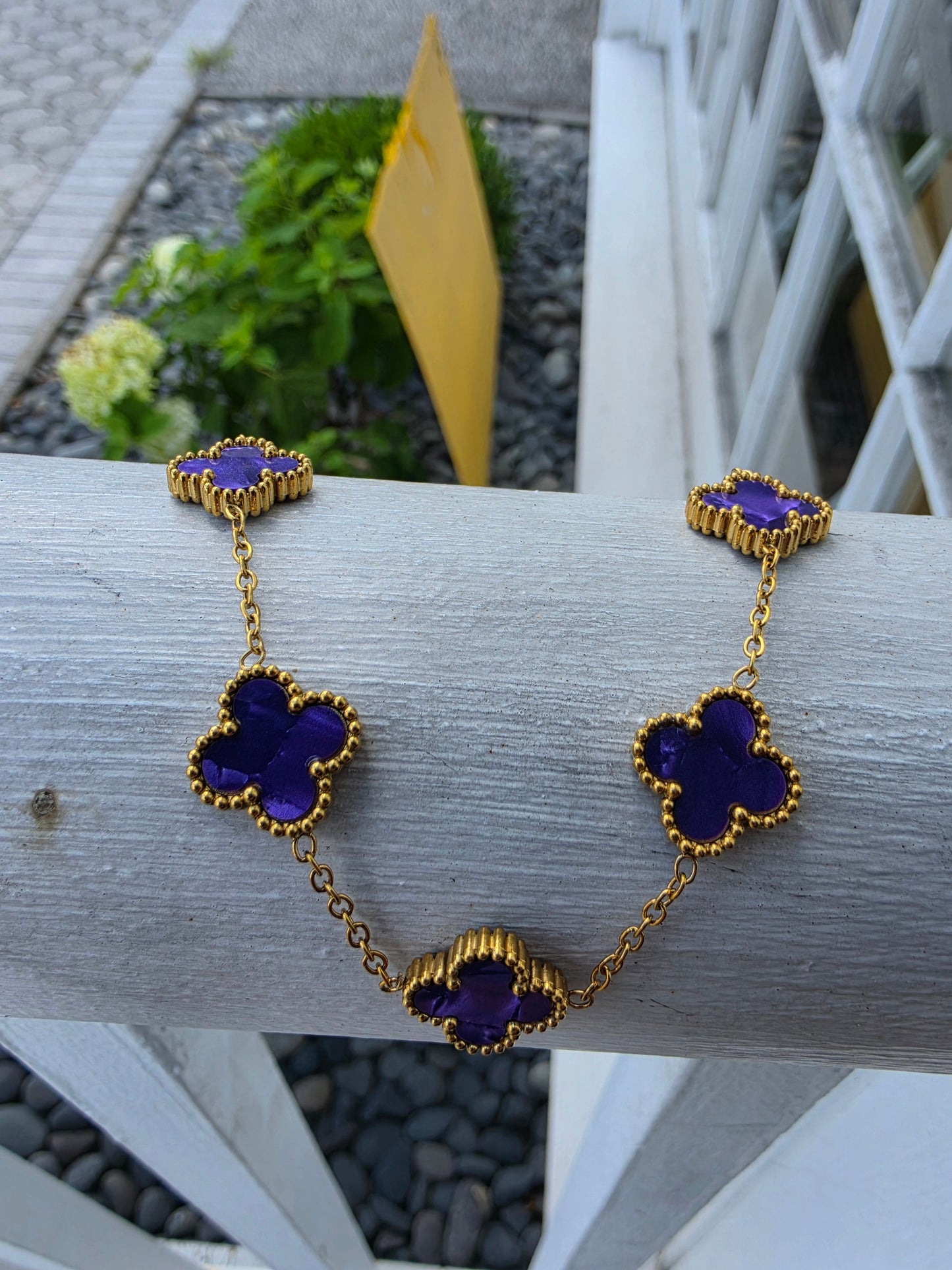 Stainless Steel Gold-plated Clover Station Van Cleef Style Purple Enamel Alhambra Necklace, Bracelet & Earring Gift Set