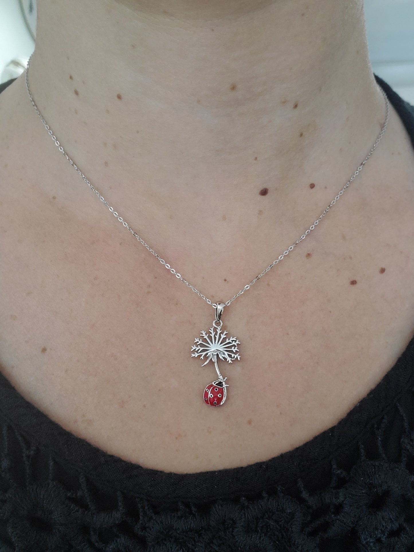 925 Sterling Silver Dandelion Enameled Ladybug "Make a wish" Necklace