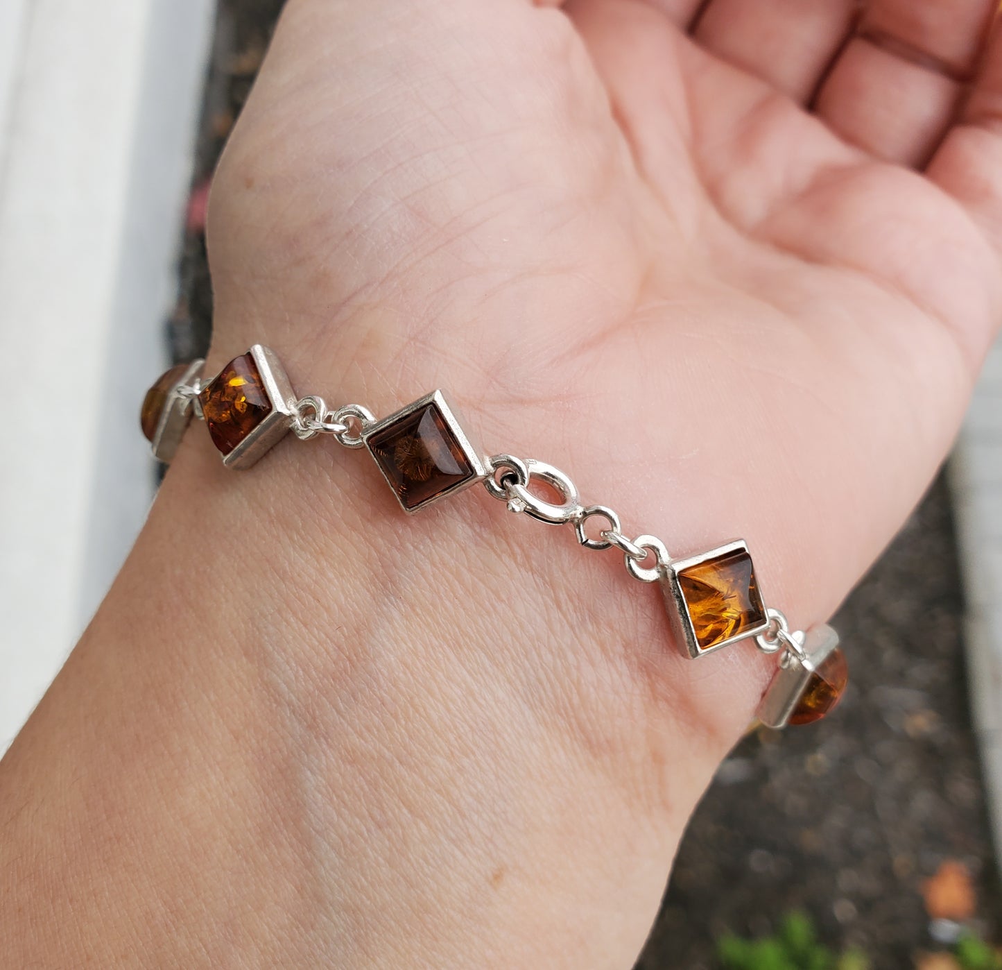 925 Sterling Silver Princess Cut Amber Bracelet