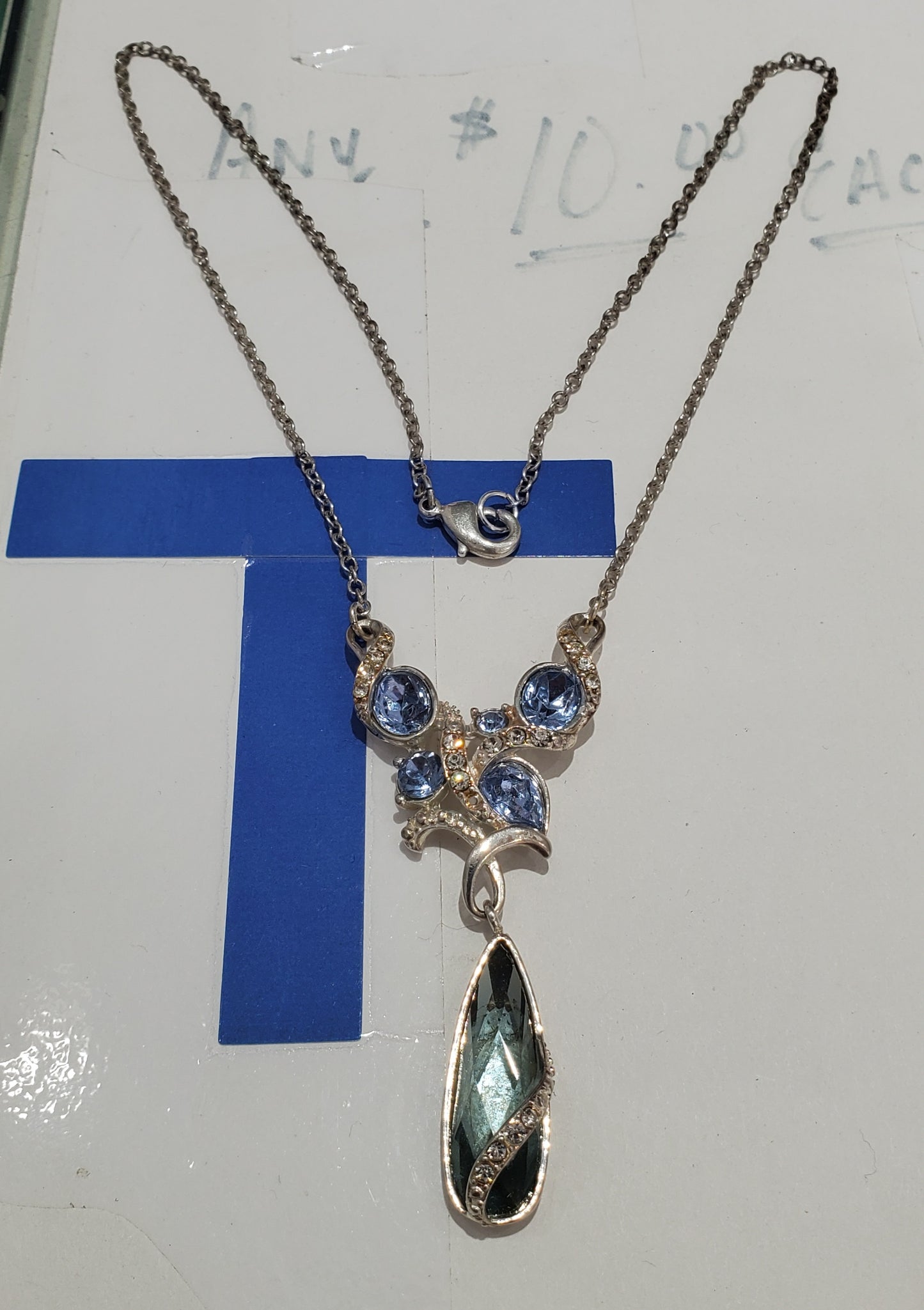 Silver Plated Blue Teardrop Crystal Statment Necklace