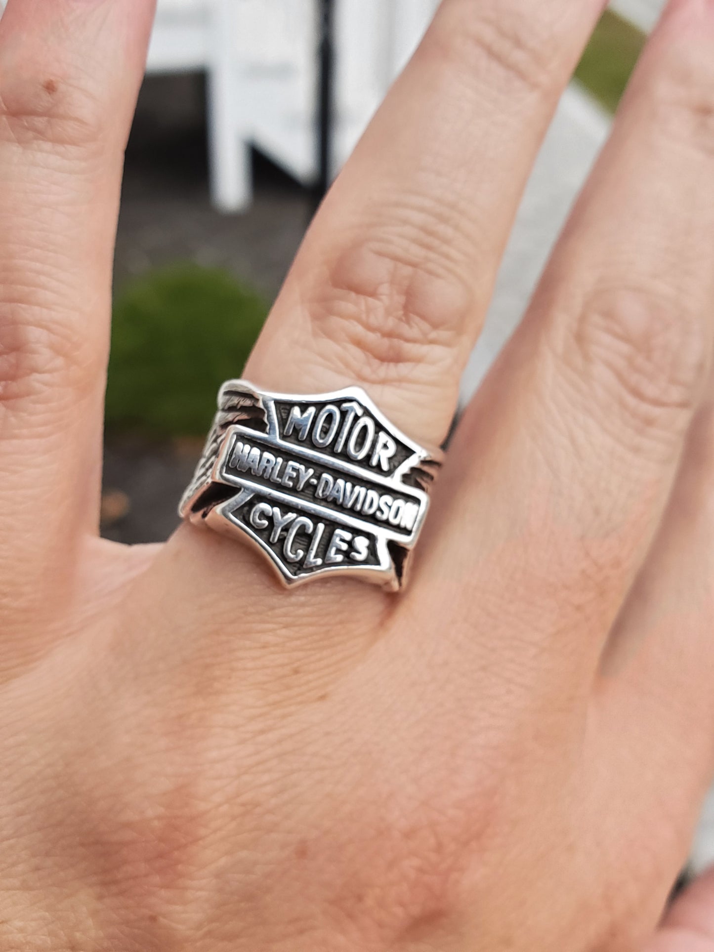 925 Sterling Silver Motorcycle Harley Davidson Shield Eagle Feather Ring