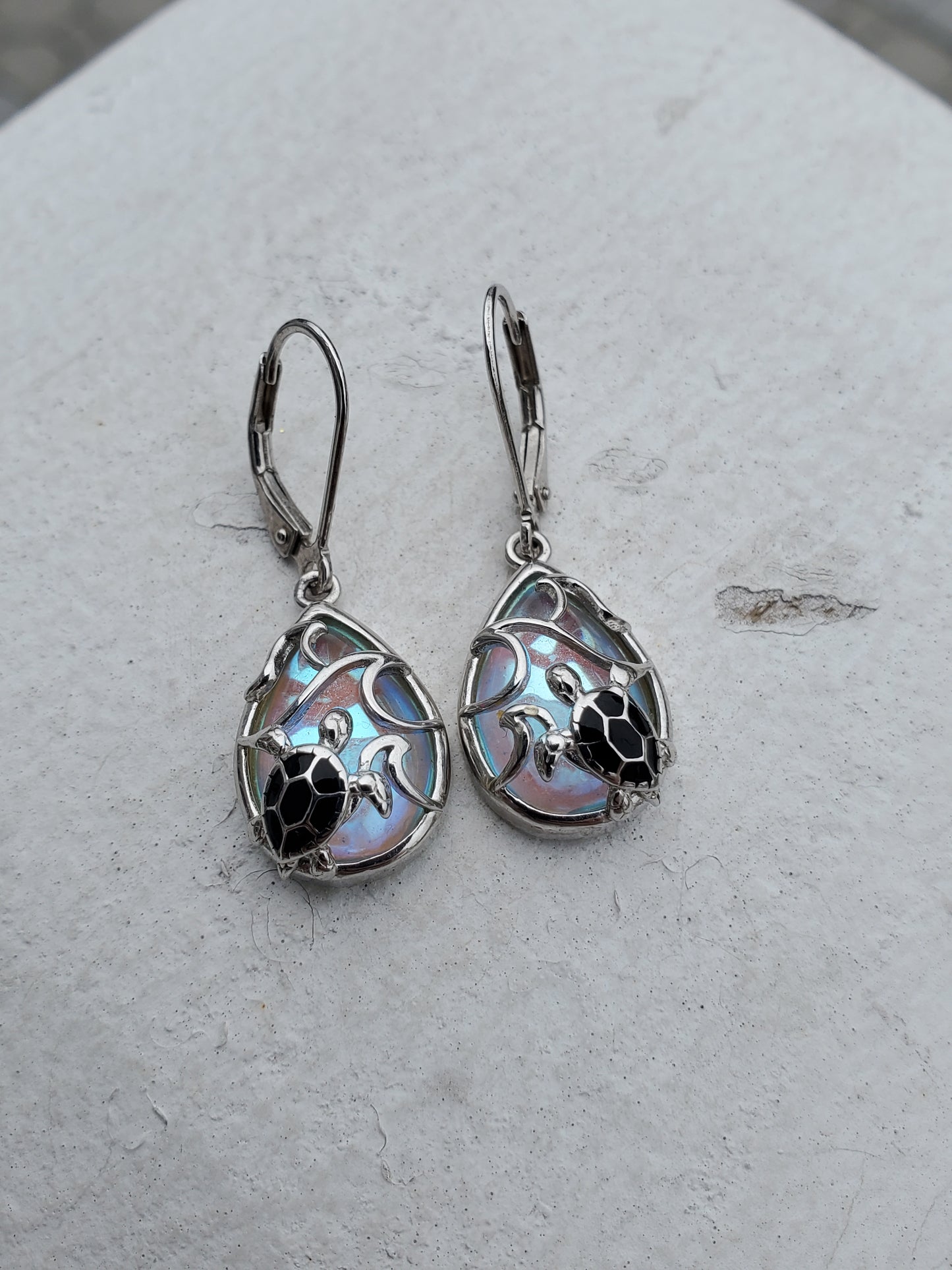 925 Sterling Silver AB Crystal Sea Turtle Teardrop Earrings
