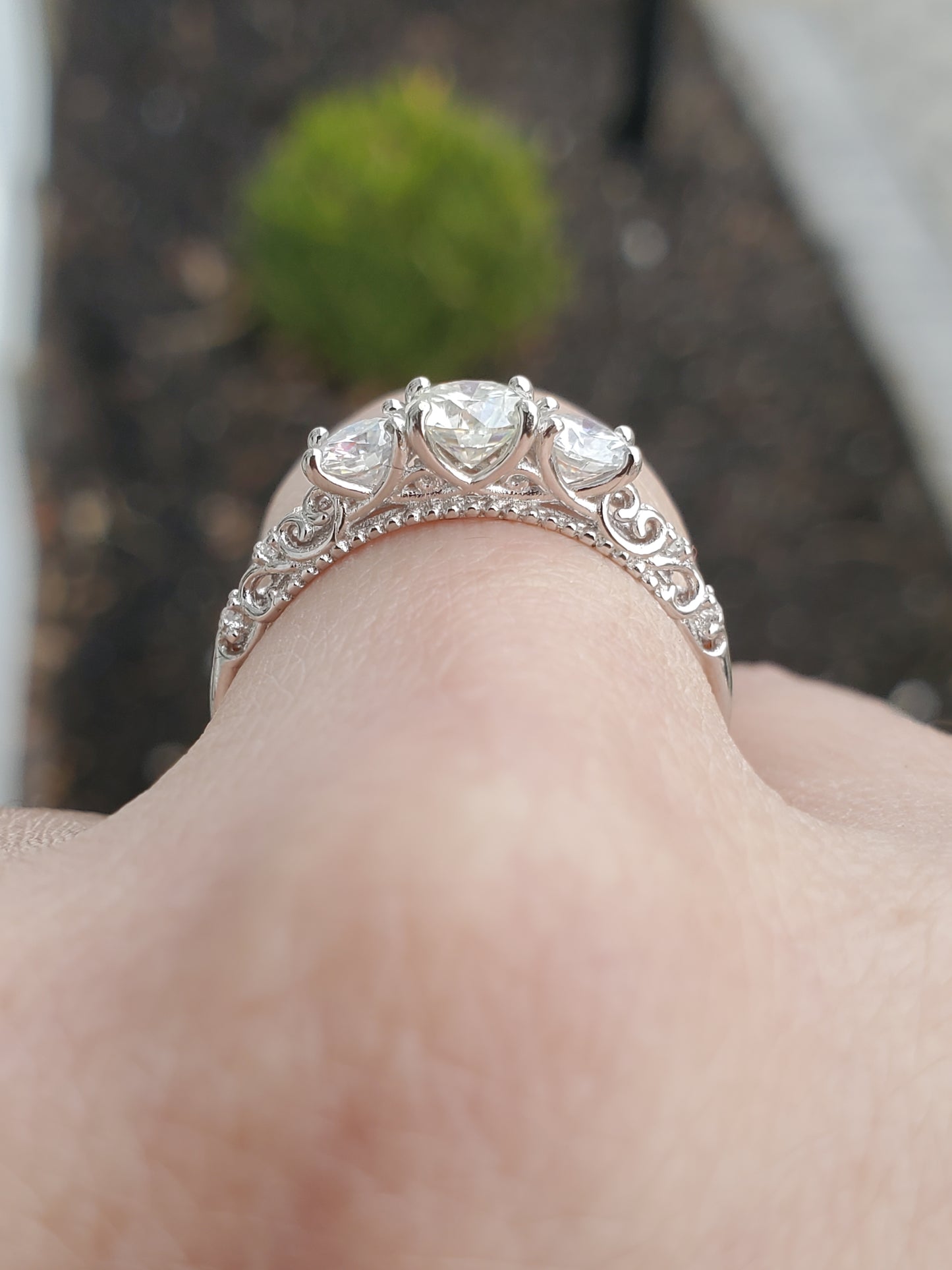 925 Sterling Silver Moissanite Diamond Past Present Future Filagre Ring