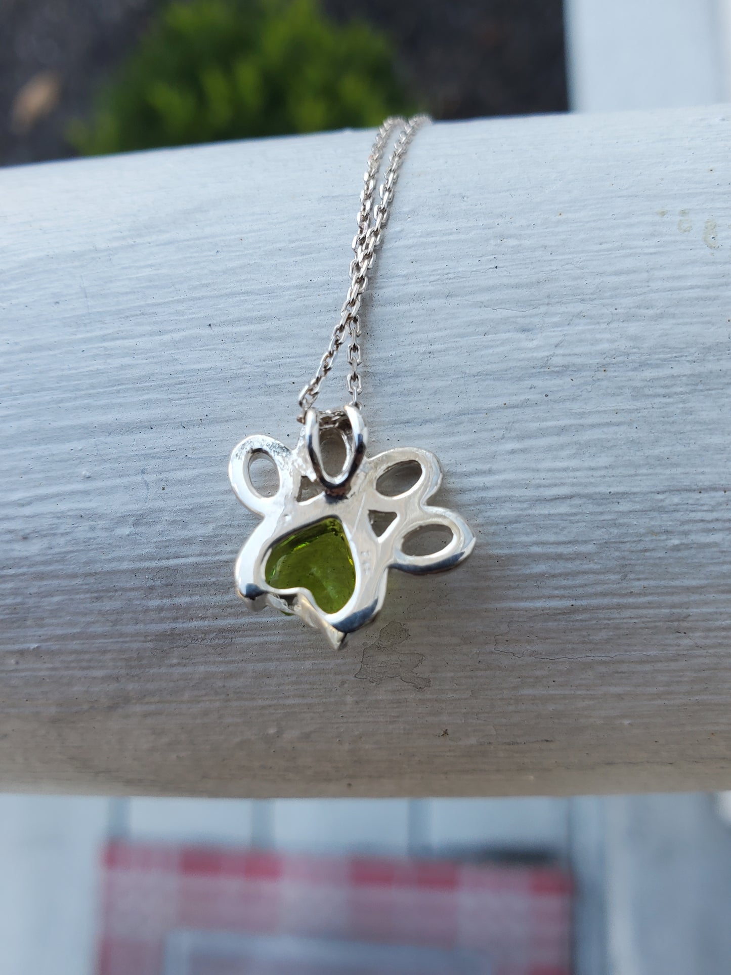 925 Sterling Silver Custom Made Simulated Peridot Pet Pawprint Necklace
