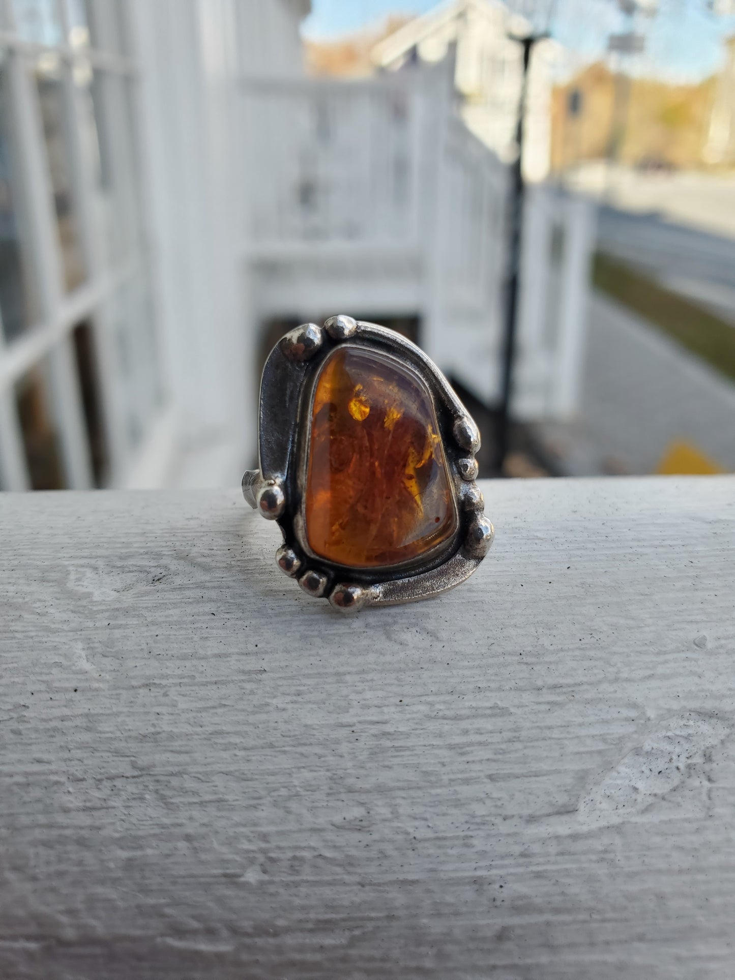 925 Sterling Silver Designer Stan Davidson Natural Amber Beaded Ring
