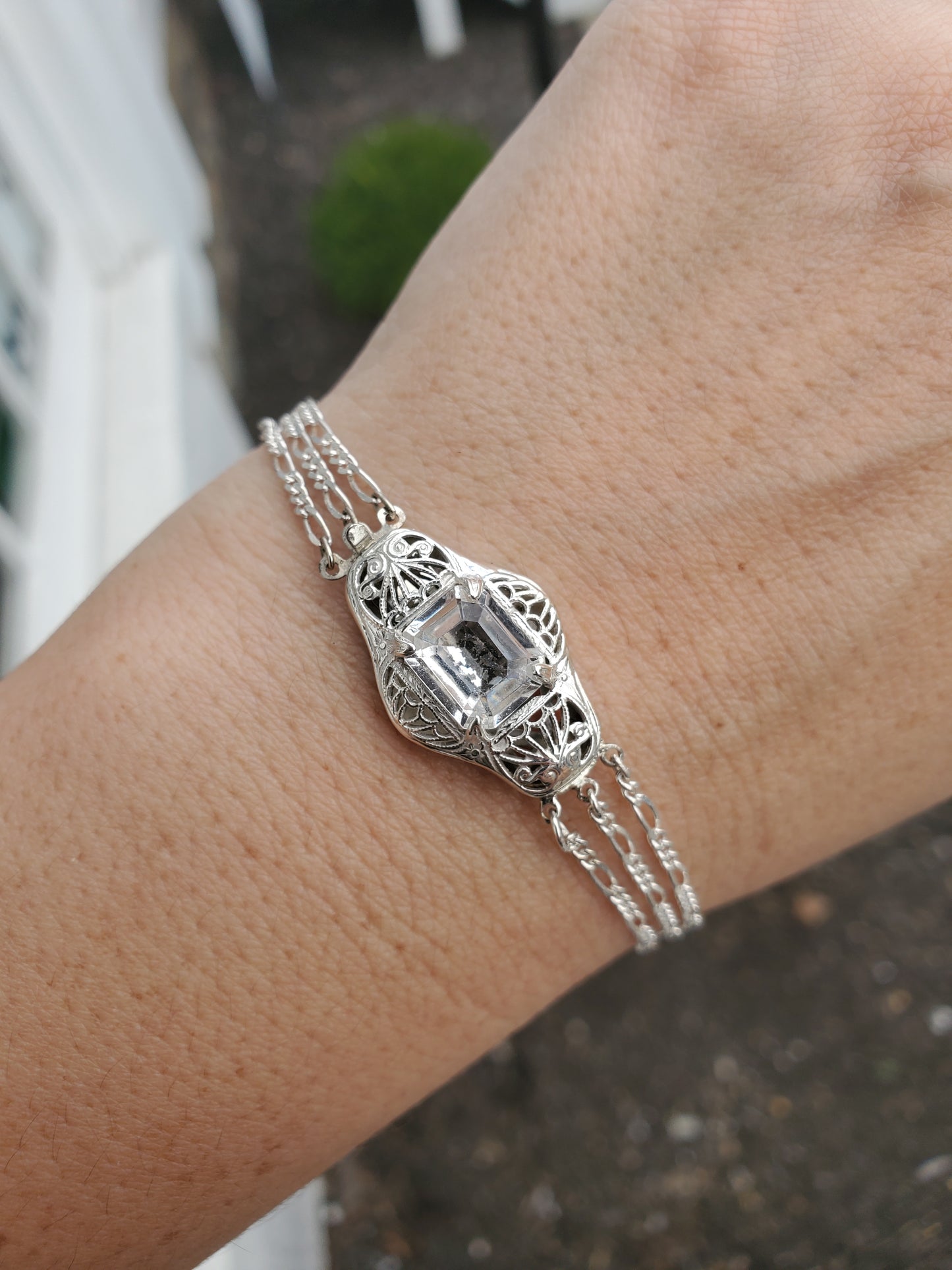 925 Sterling Silver Antique Art Deco White Topaz Triple Strand Figaro Link Bracelet